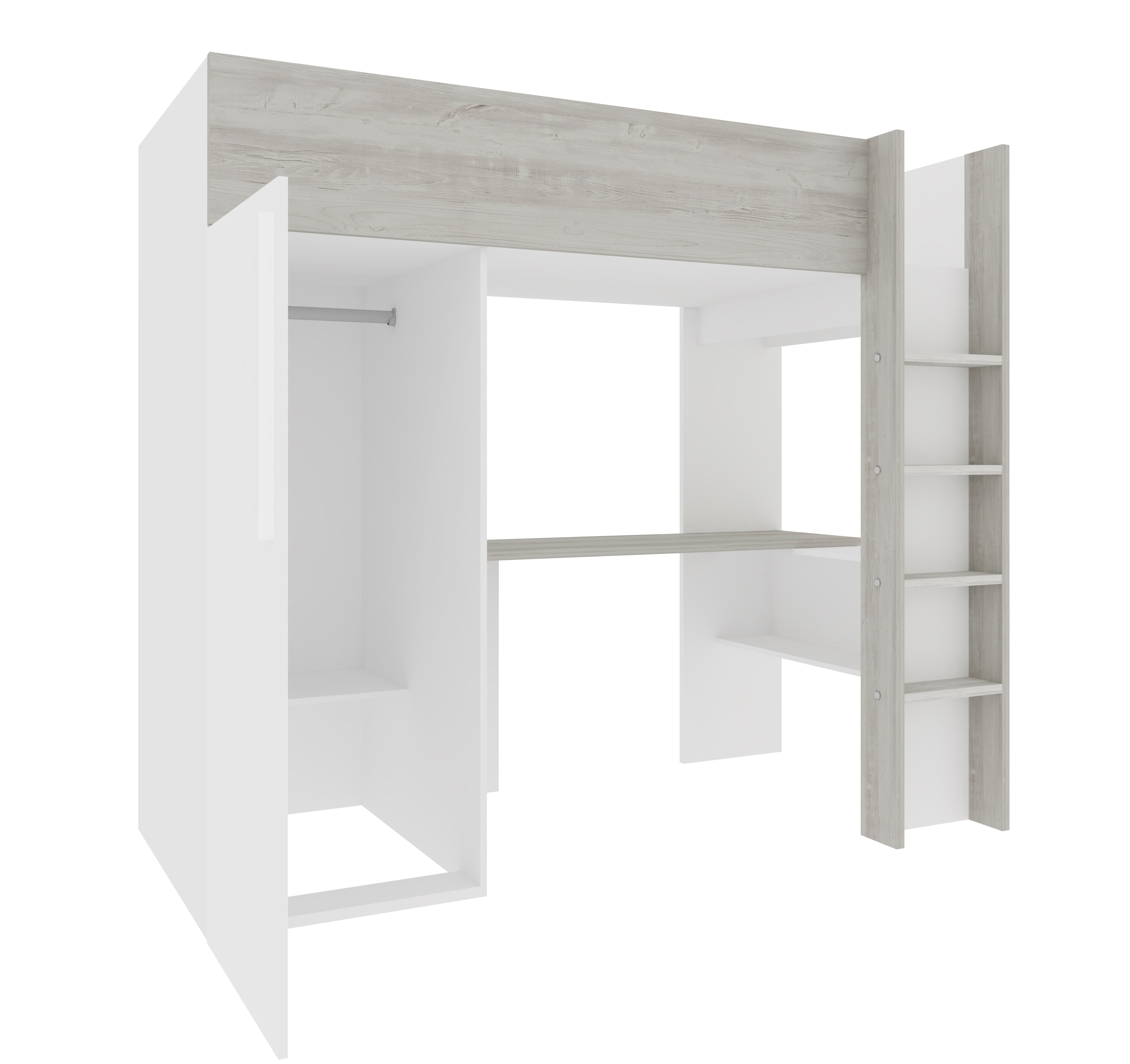 Loftseng med garderobeskap og skrivebord - Hvit 90x200 image