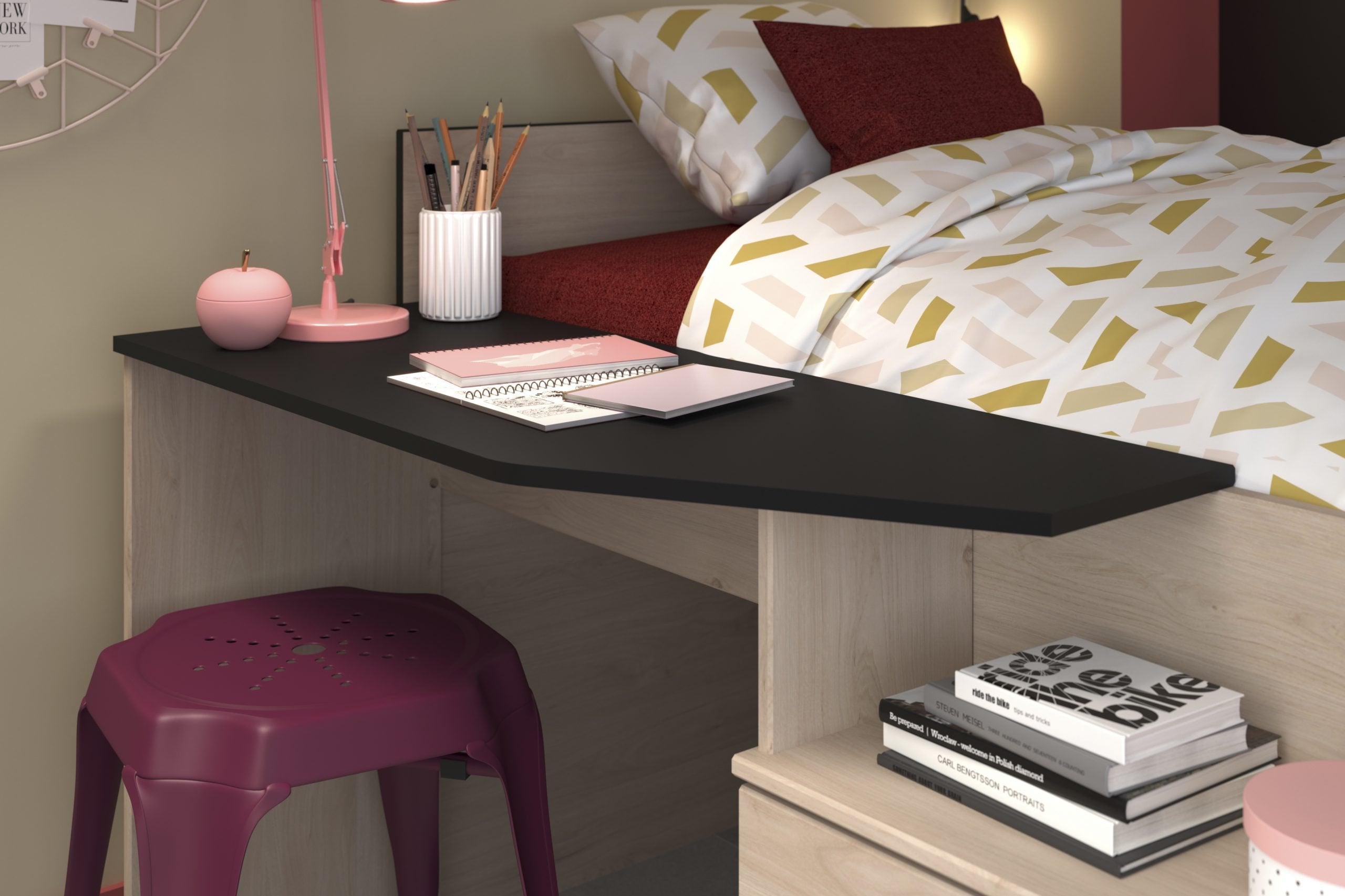 Milky halvhøy seng med skrivebord 90x200 - NATUR image