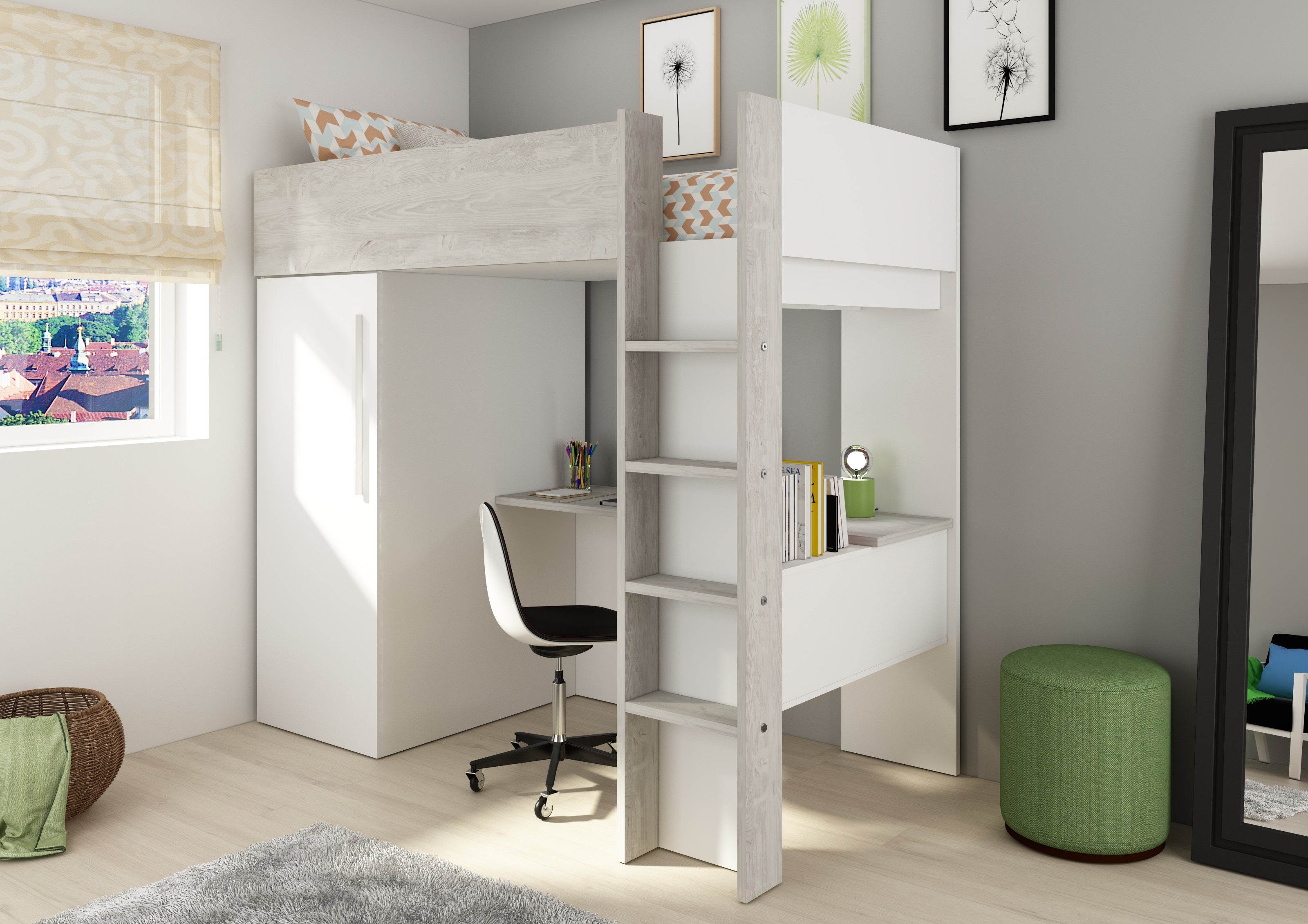 Loftseng med garderobeskap og skrivebord - Hvit 90x200 image