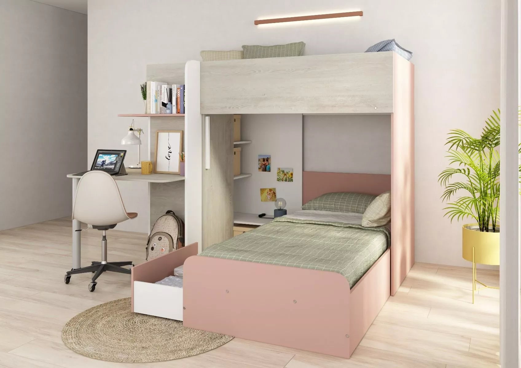 Palatino køyeseng med skrivebord - Antique Pink - 90x190 image