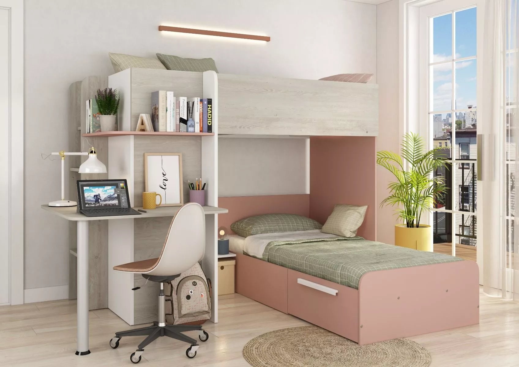 Palatino køyeseng med skrivebord - Antique Pink - 90x190 image