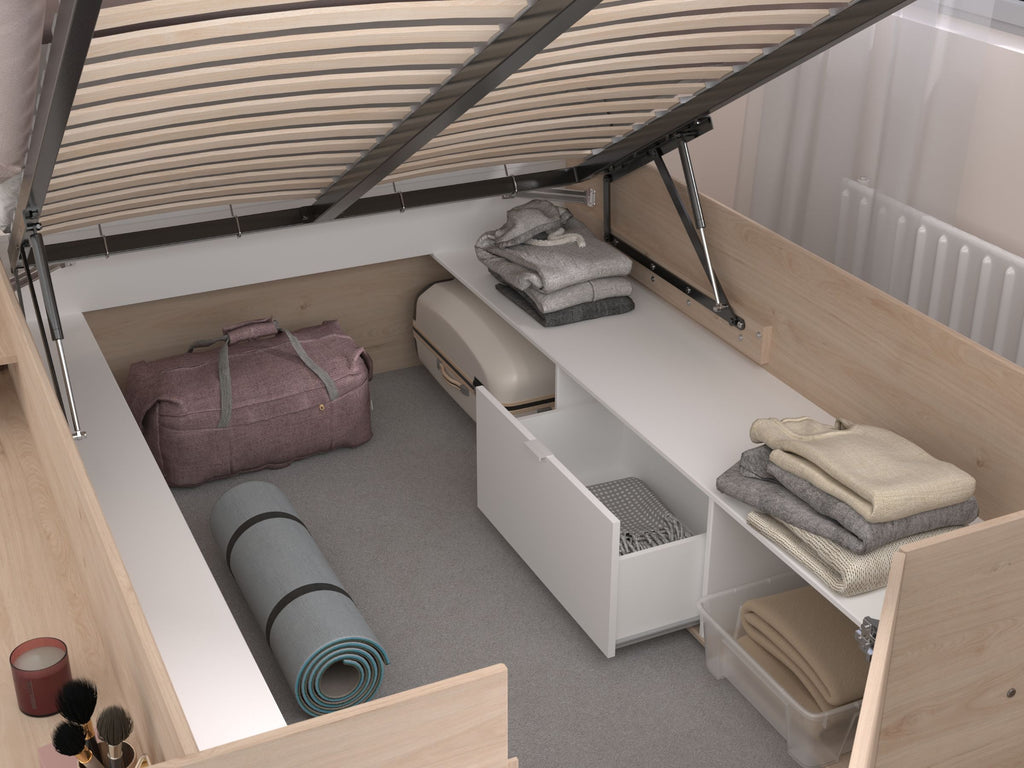 Space-UP 140x200 seng med garderobe og hyller - NATUR