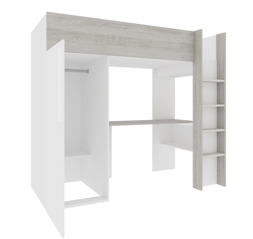 Loftseng med garderobeskap og skrivebord - Hvit 90x200