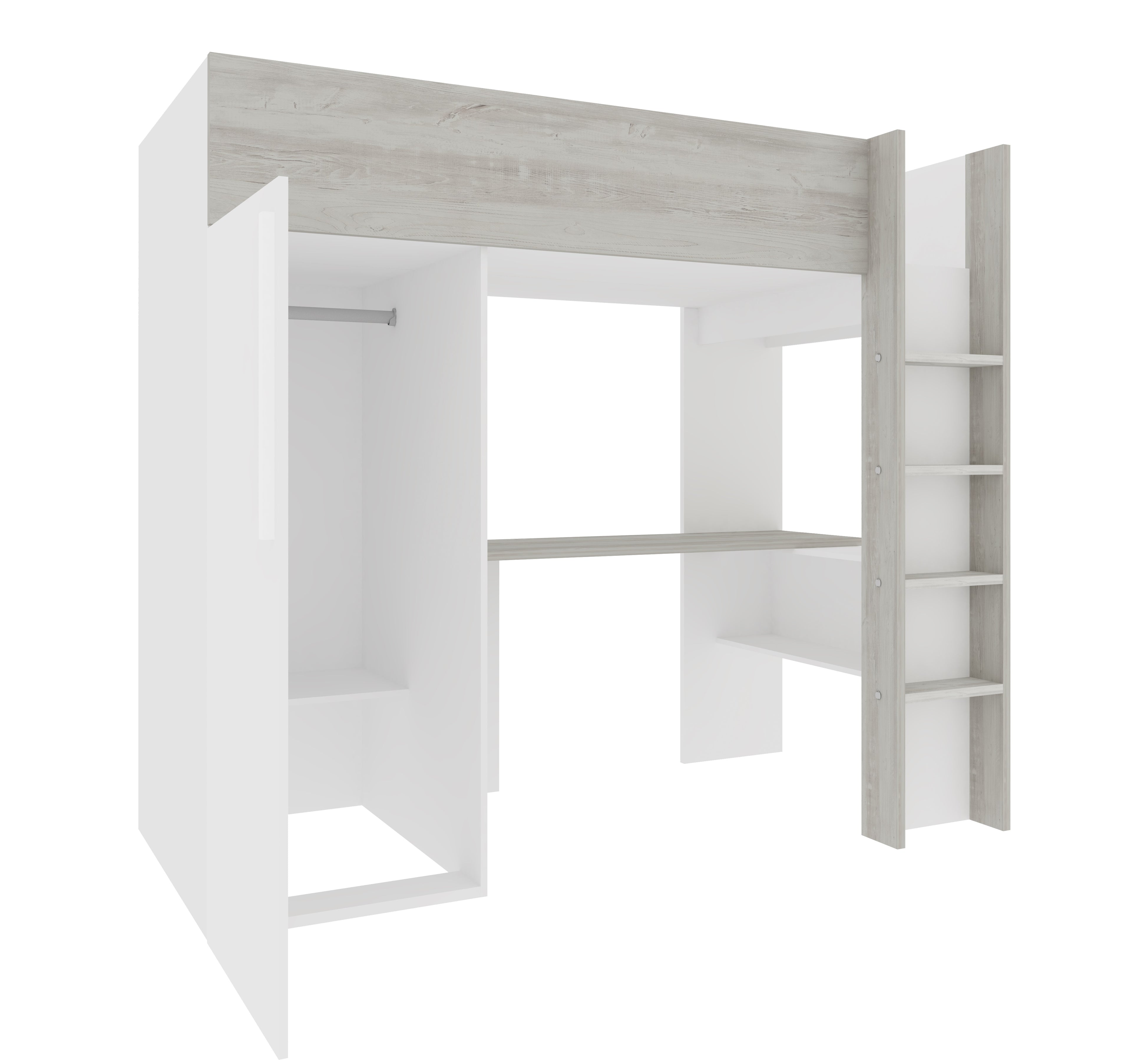 Loftseng med garderobeskap og skrivebord - Hvit 90x200