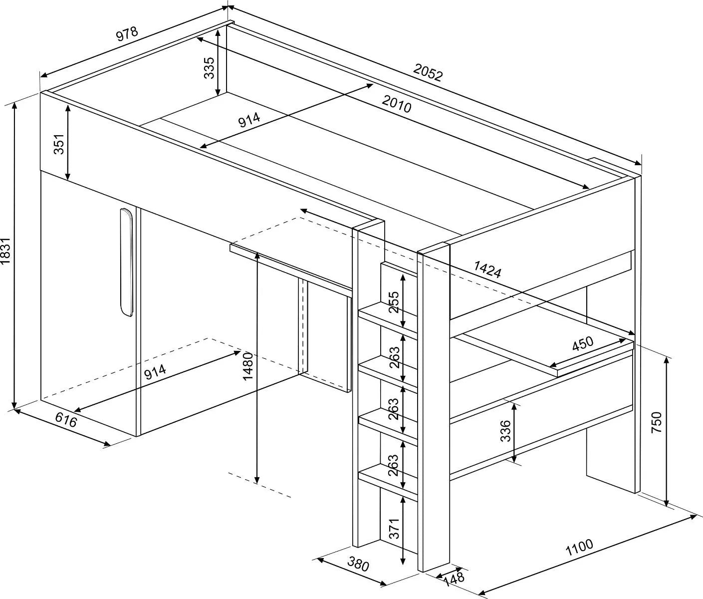 Loftseng med garderobeskap og skrivebord - Shade 90x200