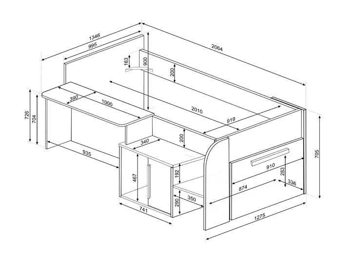 Sacha seng med Vendbart Skrivebord og Oppbevaring 90x200 – Eik/Hvit fra Trasman