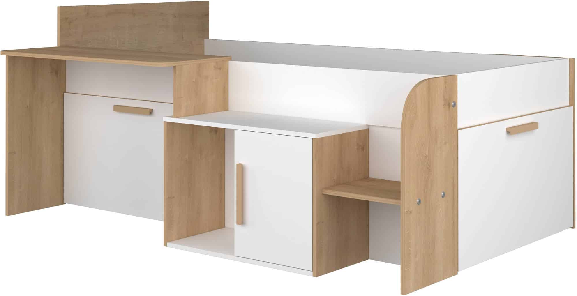 Sacha seng med Vendbart Skrivebord og Oppbevaring 90x200 – Eik/Hvit fra Trasman