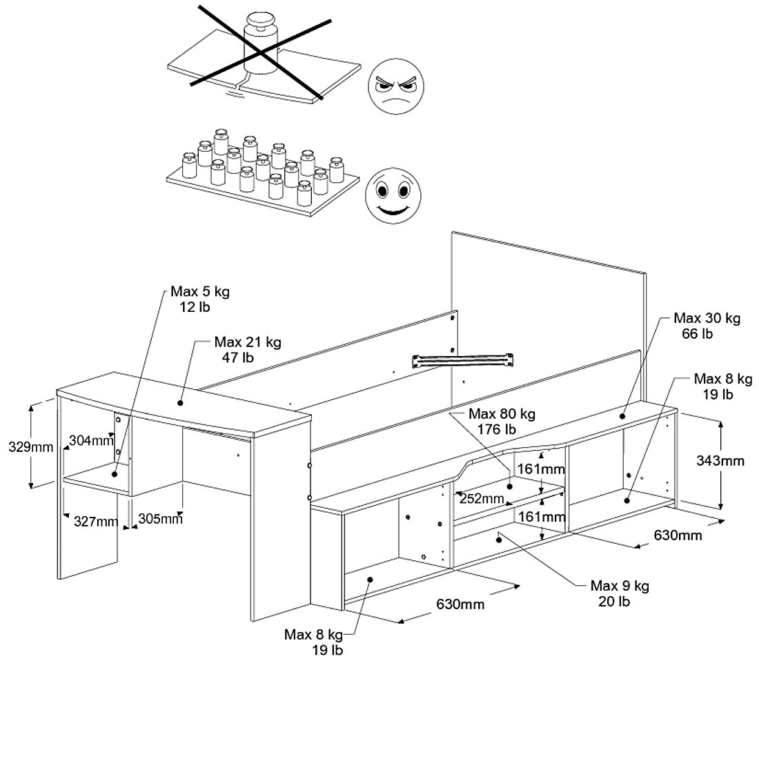 Cleo ungdomsseng 90x200 med skrivebord og hyller