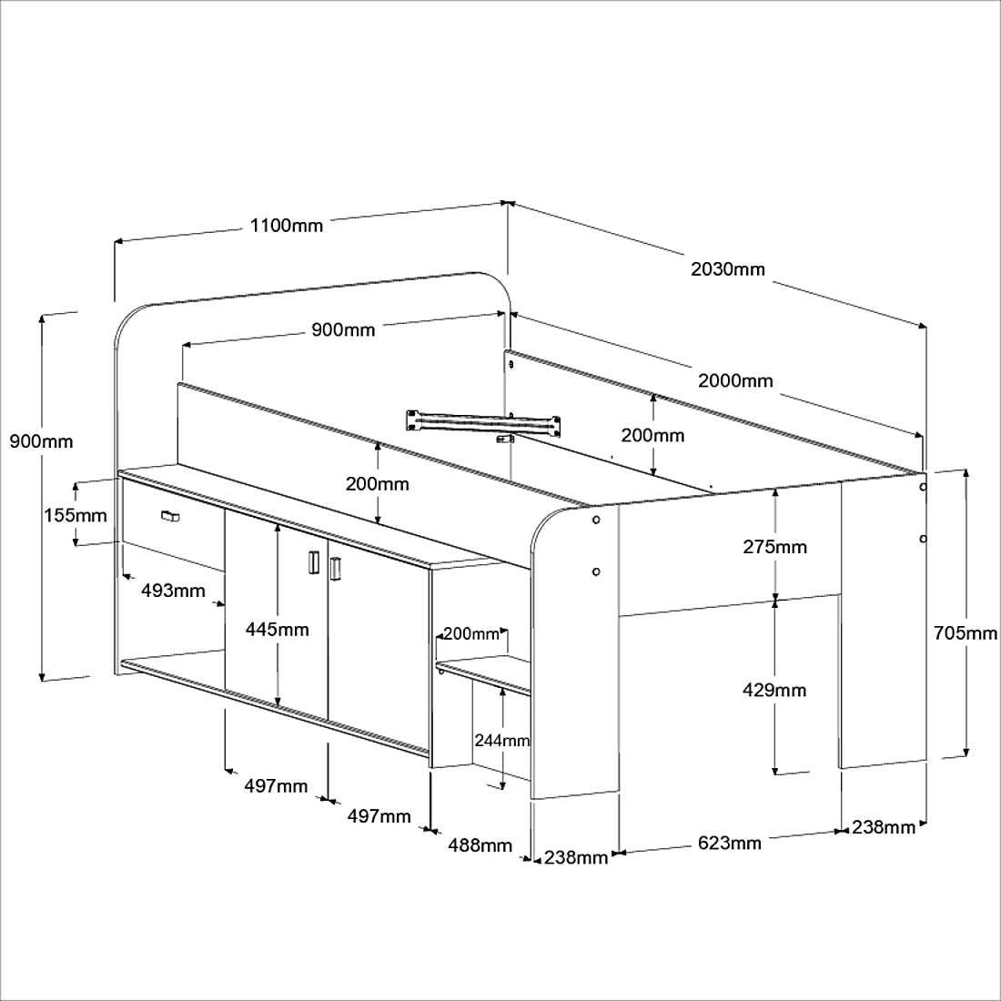 Halvhøy seng med oppbevaring 90x200 - Cache image