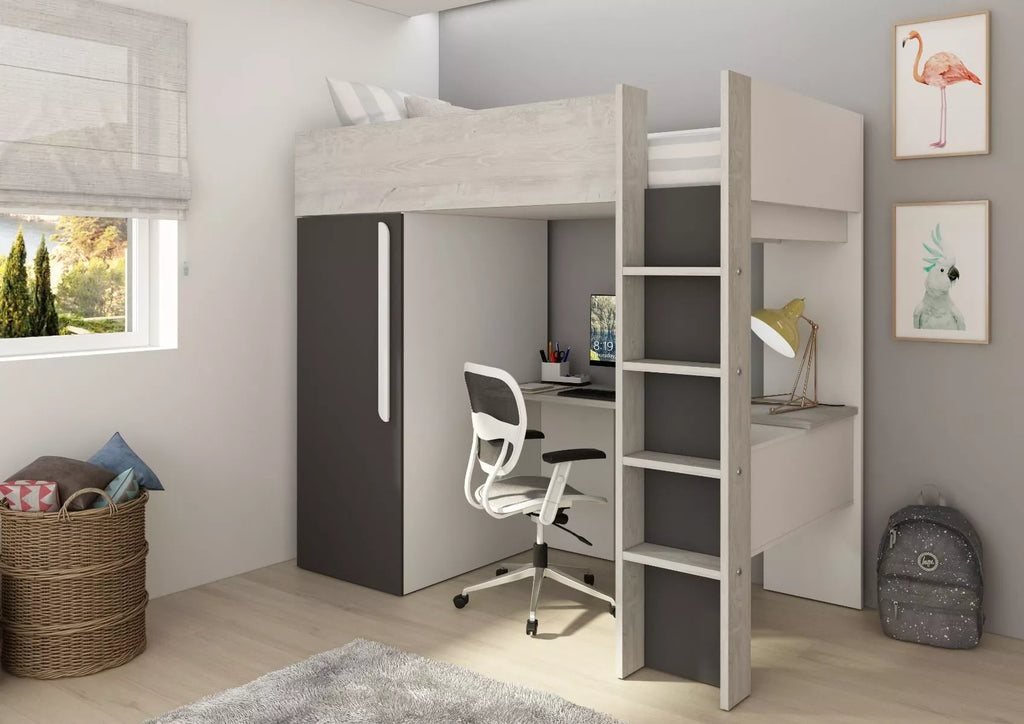 Loftseng med garderobeskap og skrivebord - Shade 90x200