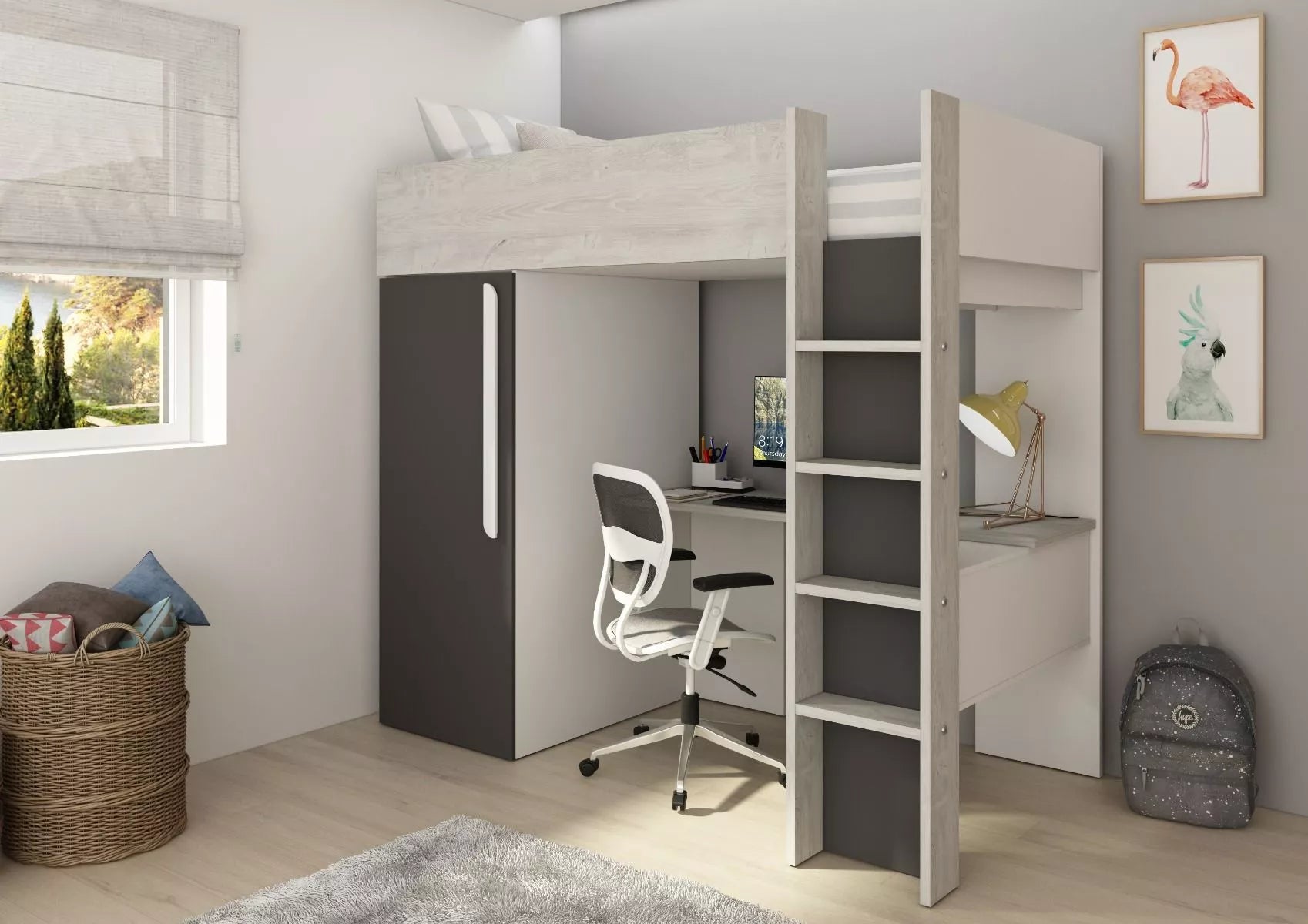Loftseng med garderobeskap og skrivebord - Shade 90x200