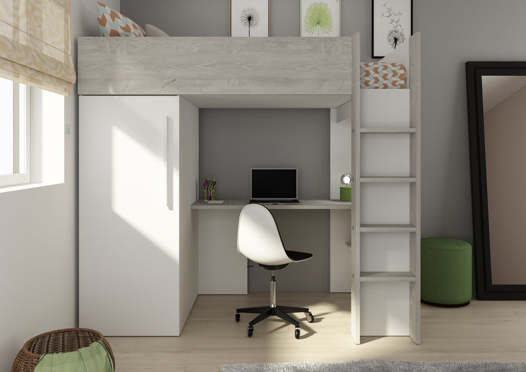 Loftseng med garderobeskap og skrivebord - Hvit 90x200