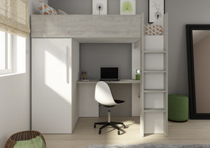 Loftseng med garderobeskap og skrivebord - Hvit 90x200