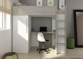 Loftseng med garderobeskap og skrivebord - Hvit 90x200