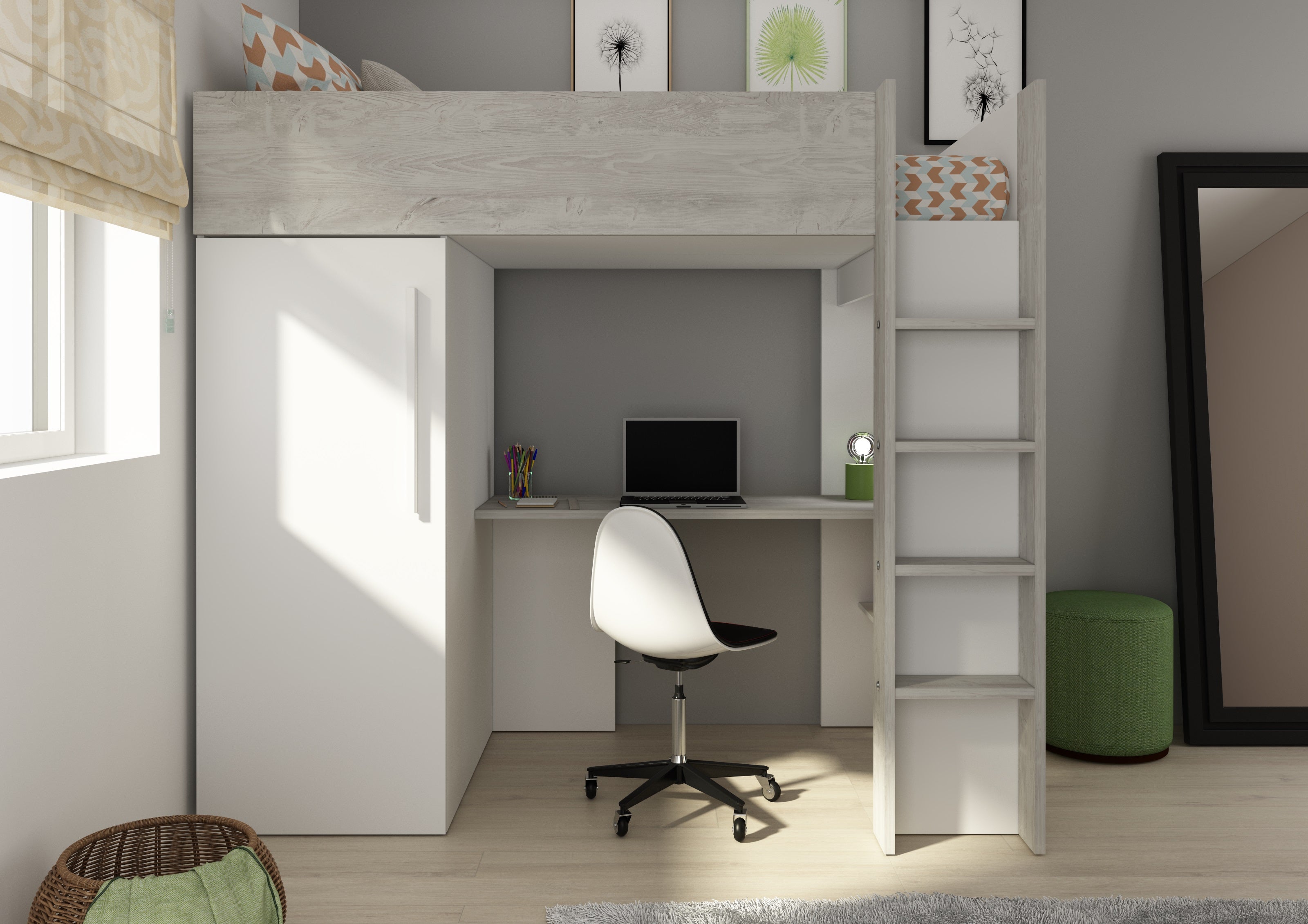 Loftseng med garderobeskap og skrivebord - Hvit 90x200