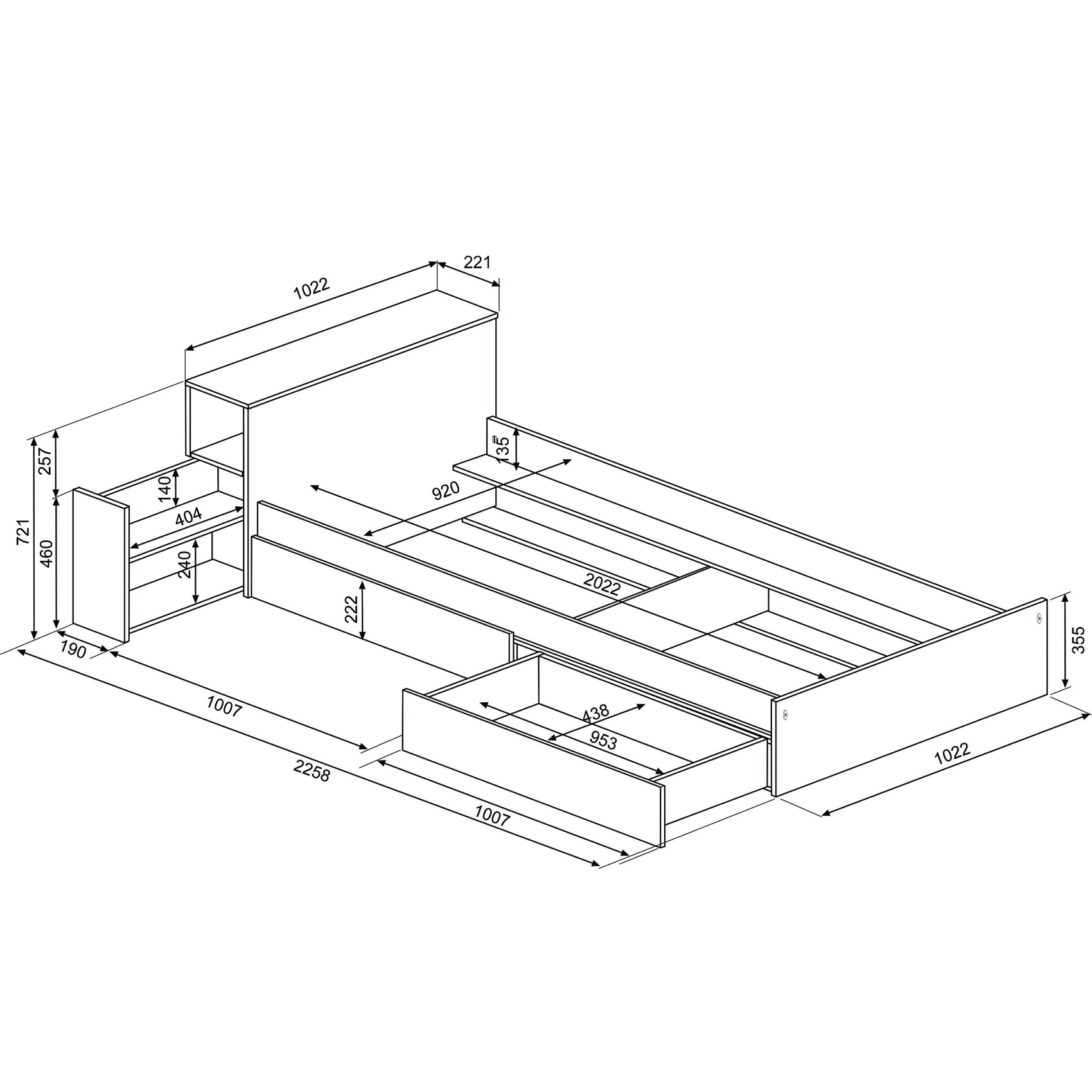 Jazz enkeltseng med skuffer og sengegavl med hyller 90x200 image
