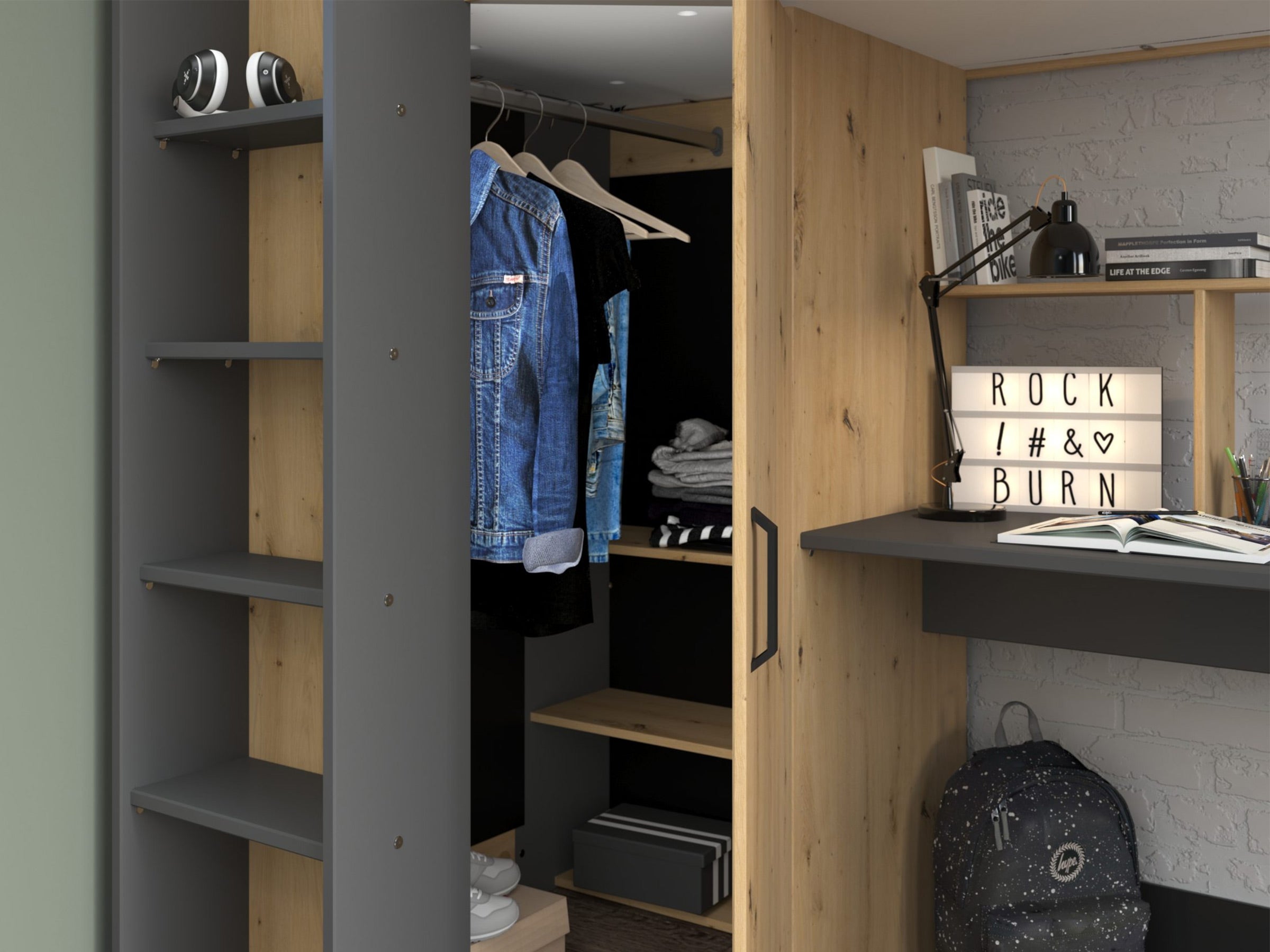 Grayson loftseng med skrivebord og garderobe