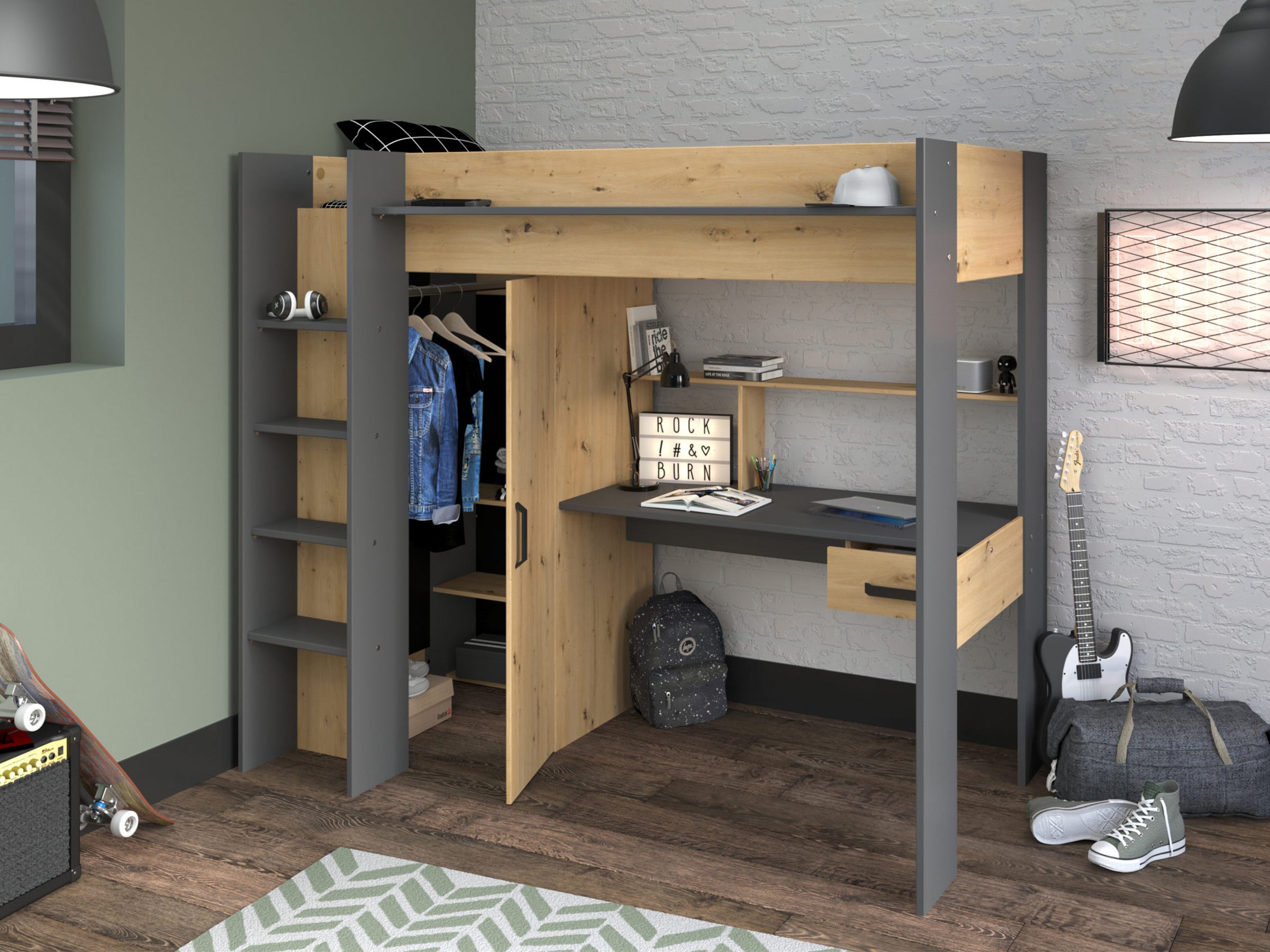 Grayson loftseng med skrivebord og garderobe