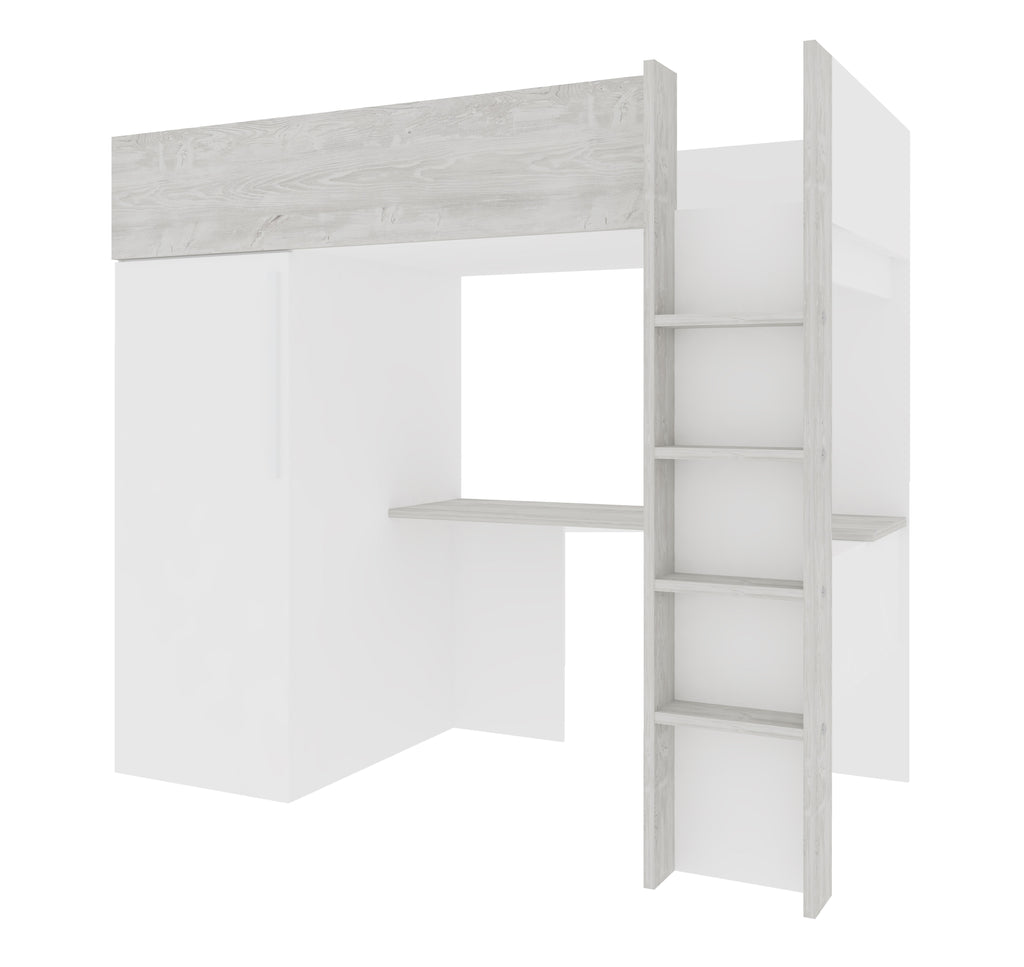 Loftseng med garderobeskap og skrivebord - Hvit 90x200
