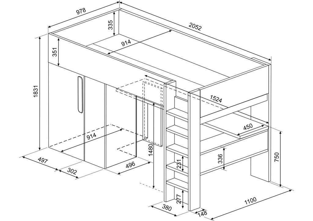 Trasman Studio Loftseng med Garderobe 90x200 - smokey blå