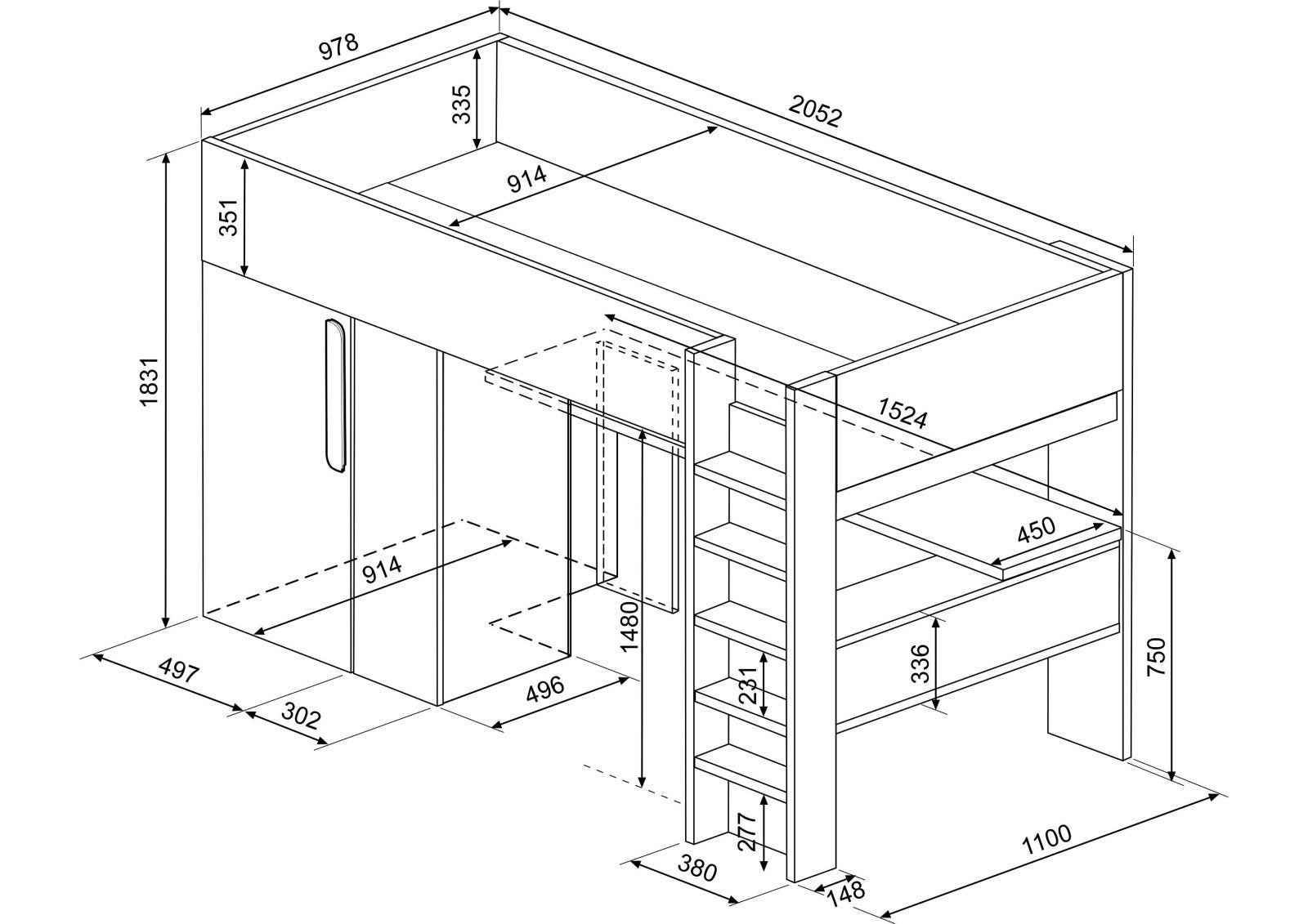 Trasman Studio Loftseng med Garderobe 90x200 - smokey blå