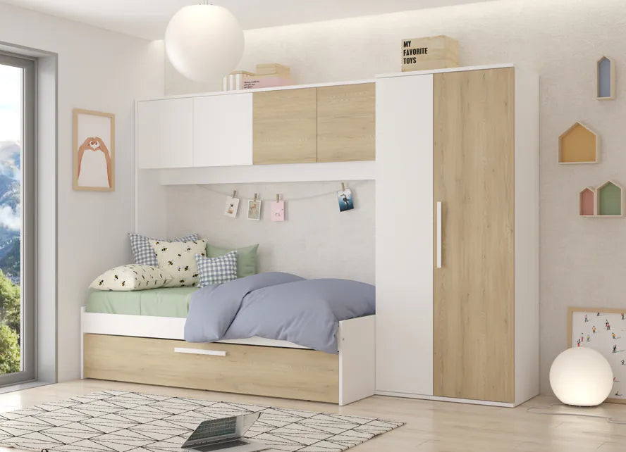Artik Kompakt Seng med Garderobe og Uttrekksseng – Torro Oak & Hvit image