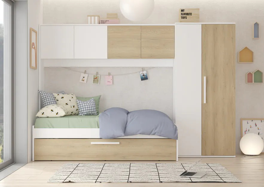 Artik Kompakt Seng med Garderobe og Uttrekksseng – Torro Oak & Hvit image