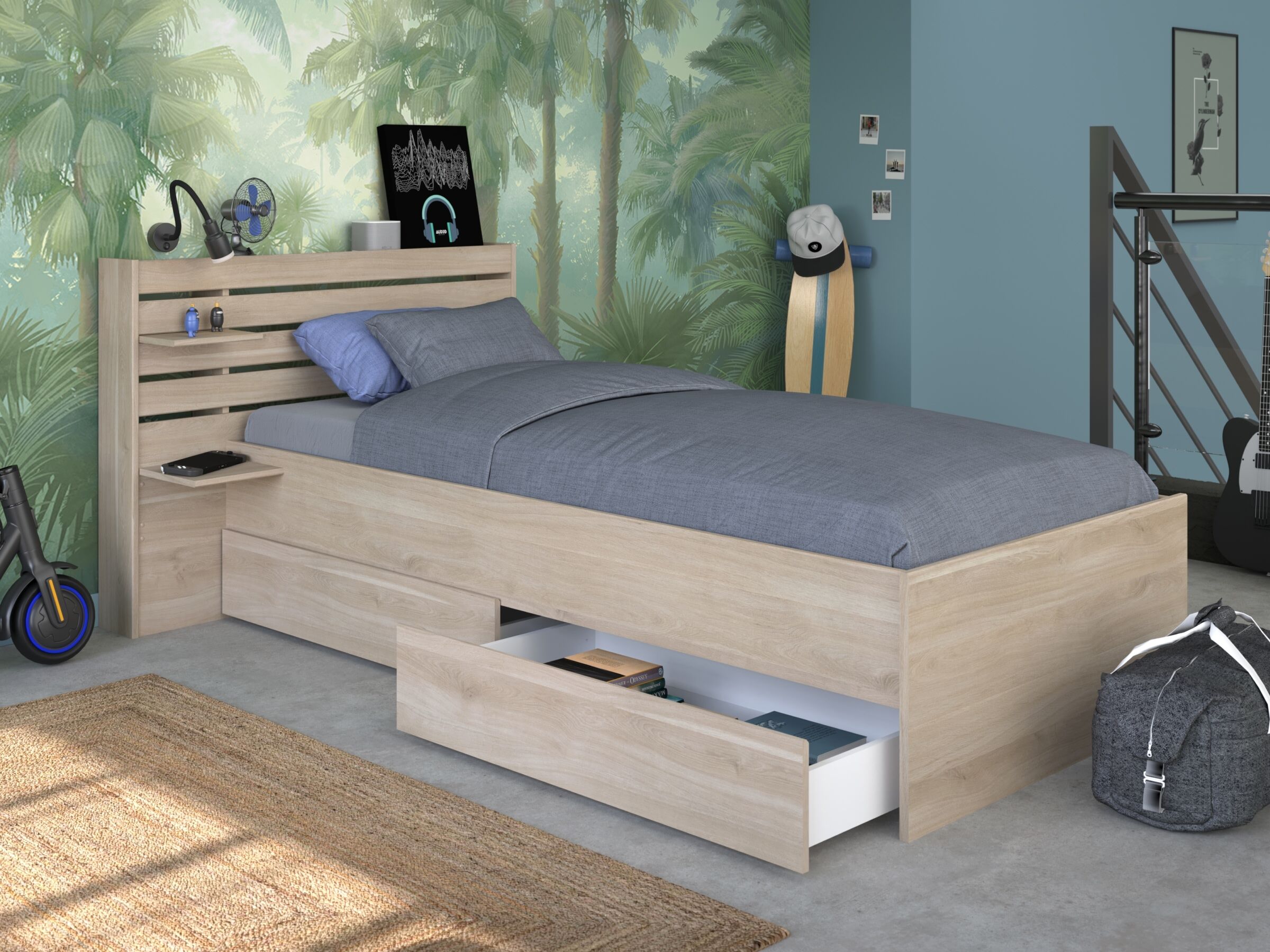 Escale seng 90x200 med 2 skuffer i Japanese Oak image