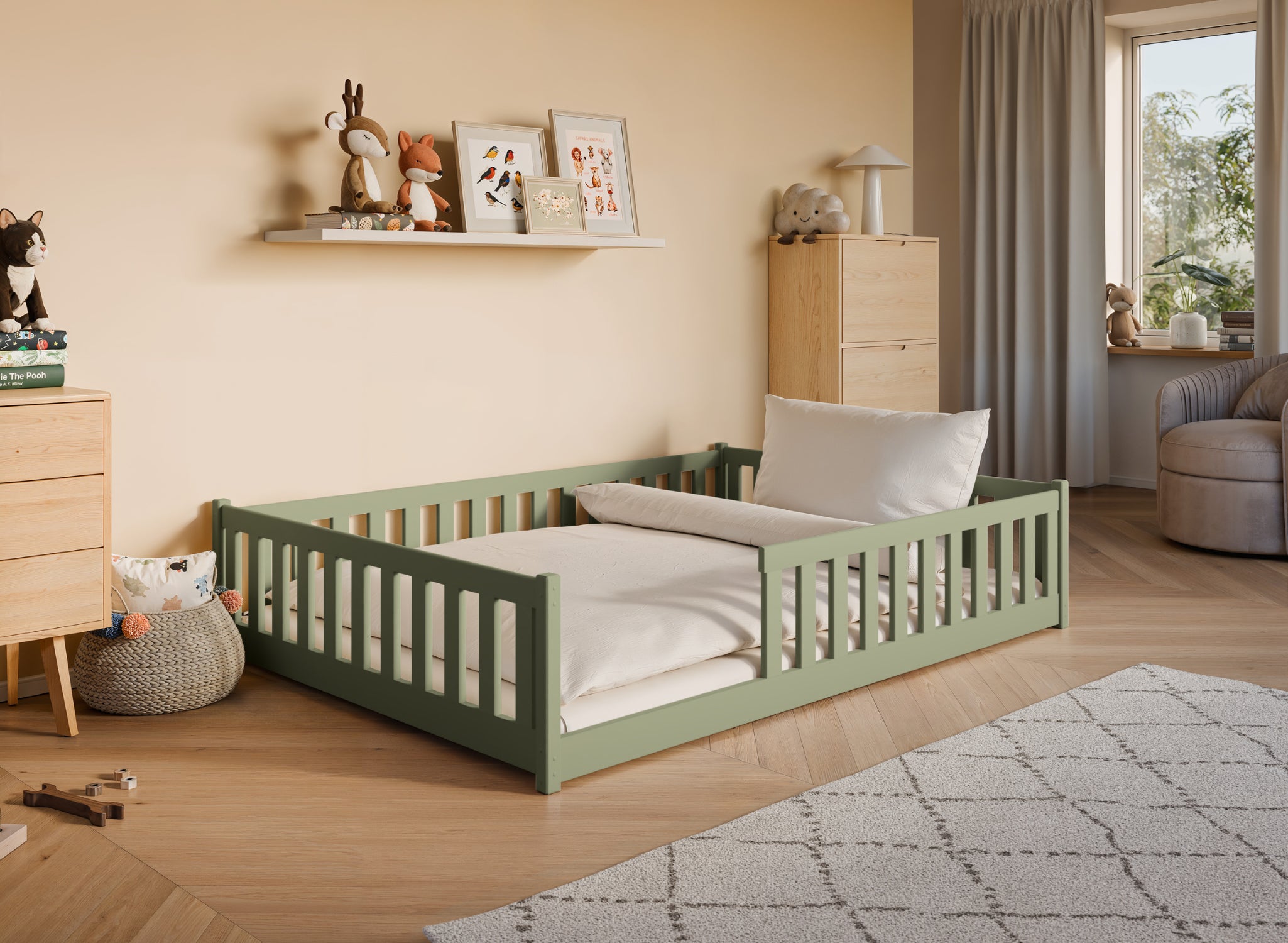 Montessori-seng MATI 140x200 – trygg og stilren barneseng i Olivengrønn - INTRODUKSJONSPRIS!