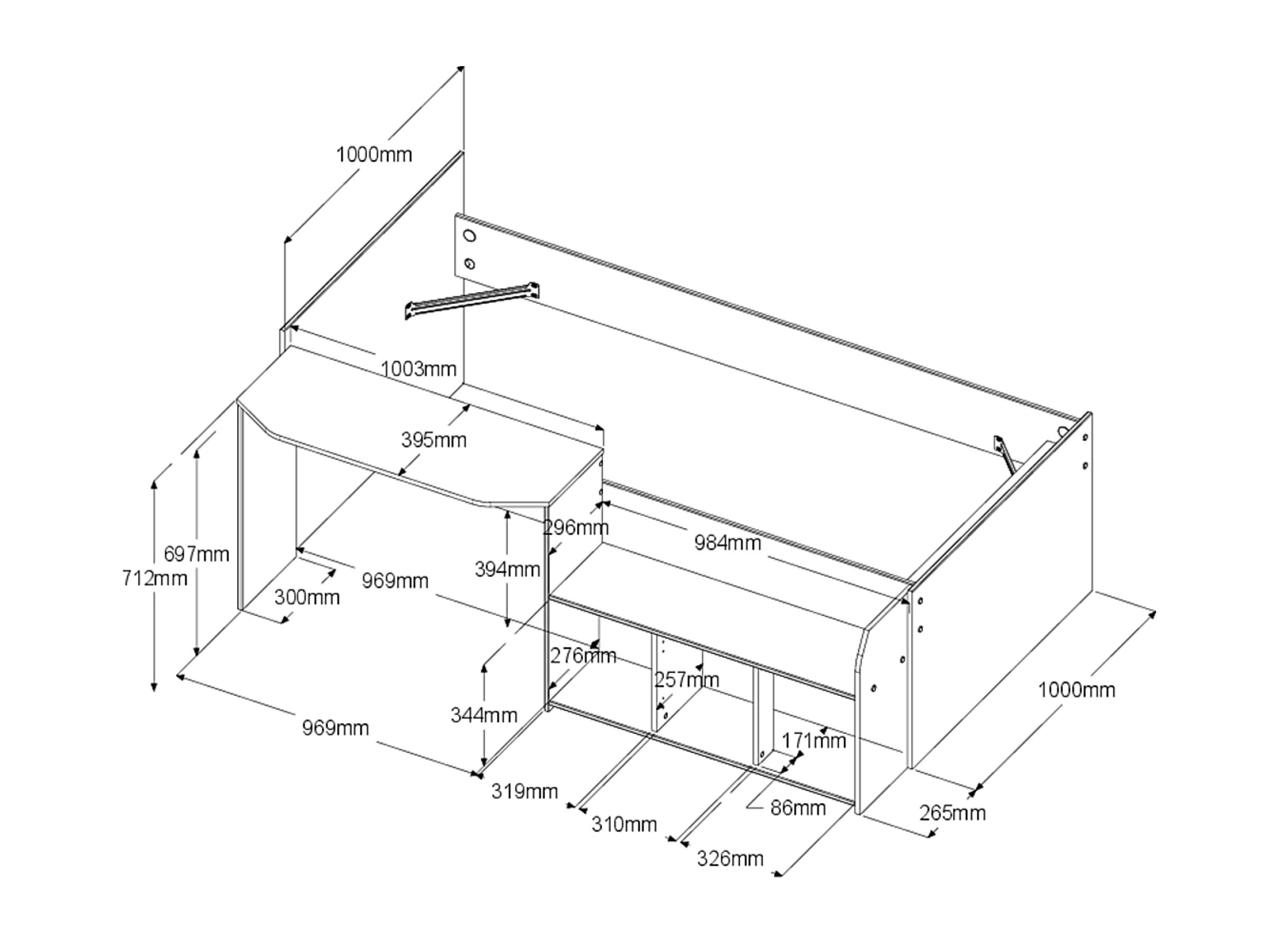 Halvhøy seng med skrivebord 90x200 - JADE