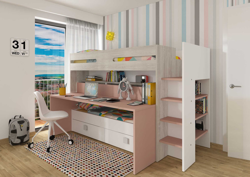Sindre multifunksjonell loftseng med Skrivebord og Uttrekksseng - Antique Pink