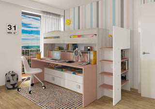 Sindre multifunksjonell loftseng med Skrivebord og Uttrekksseng - Antique Pink