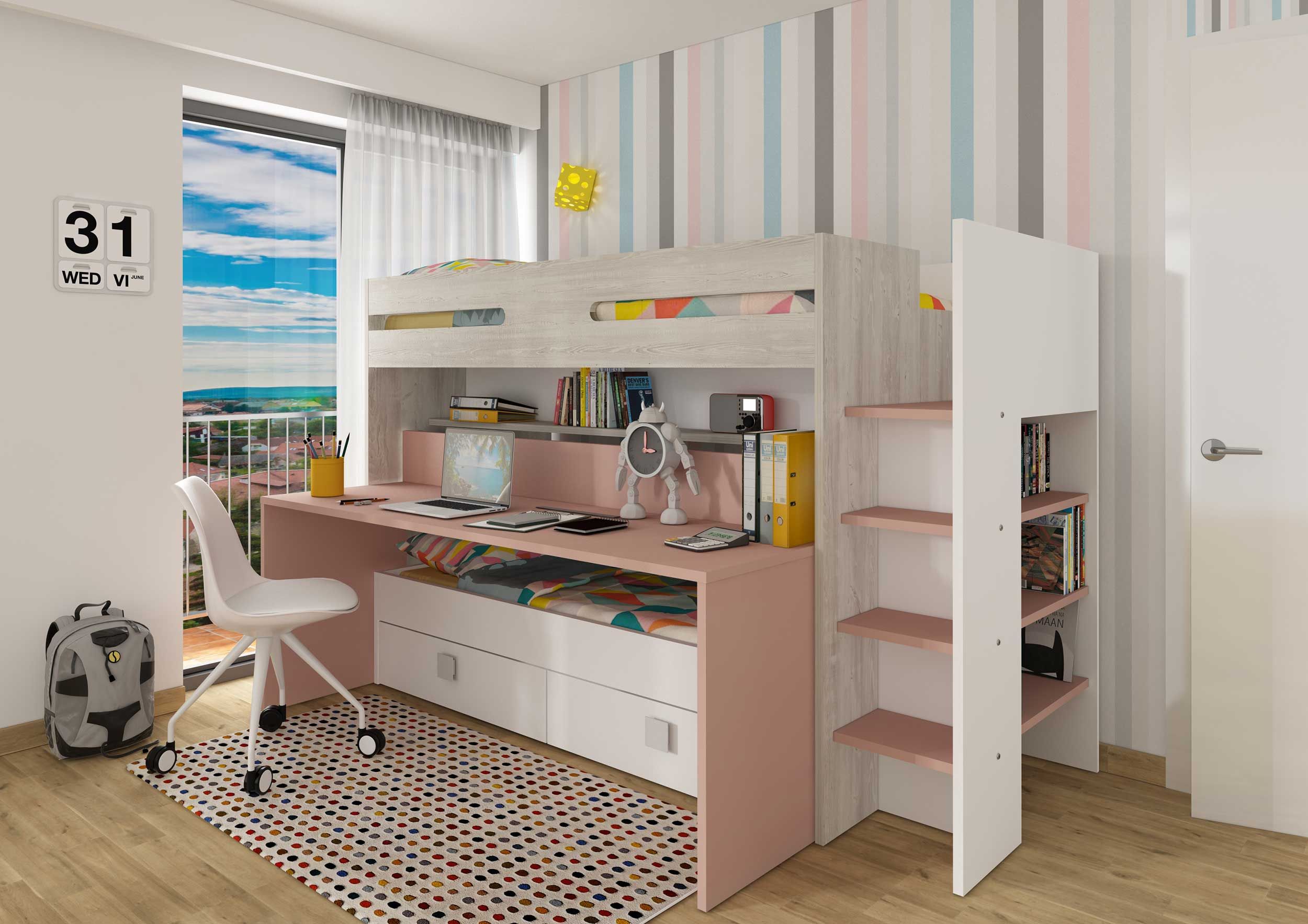 Sindre multifunksjonell loftseng med Skrivebord og Uttrekksseng - Antique Pink