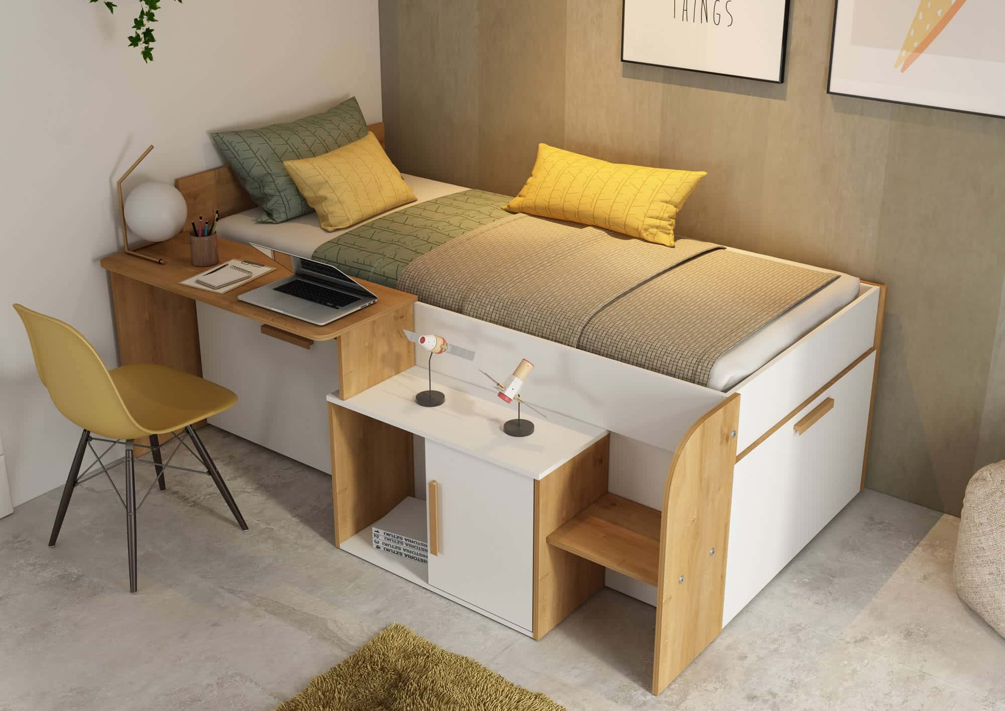 Sacha seng med Vendbart Skrivebord og Oppbevaring 90x200 – Eik/Hvit fra Trasman