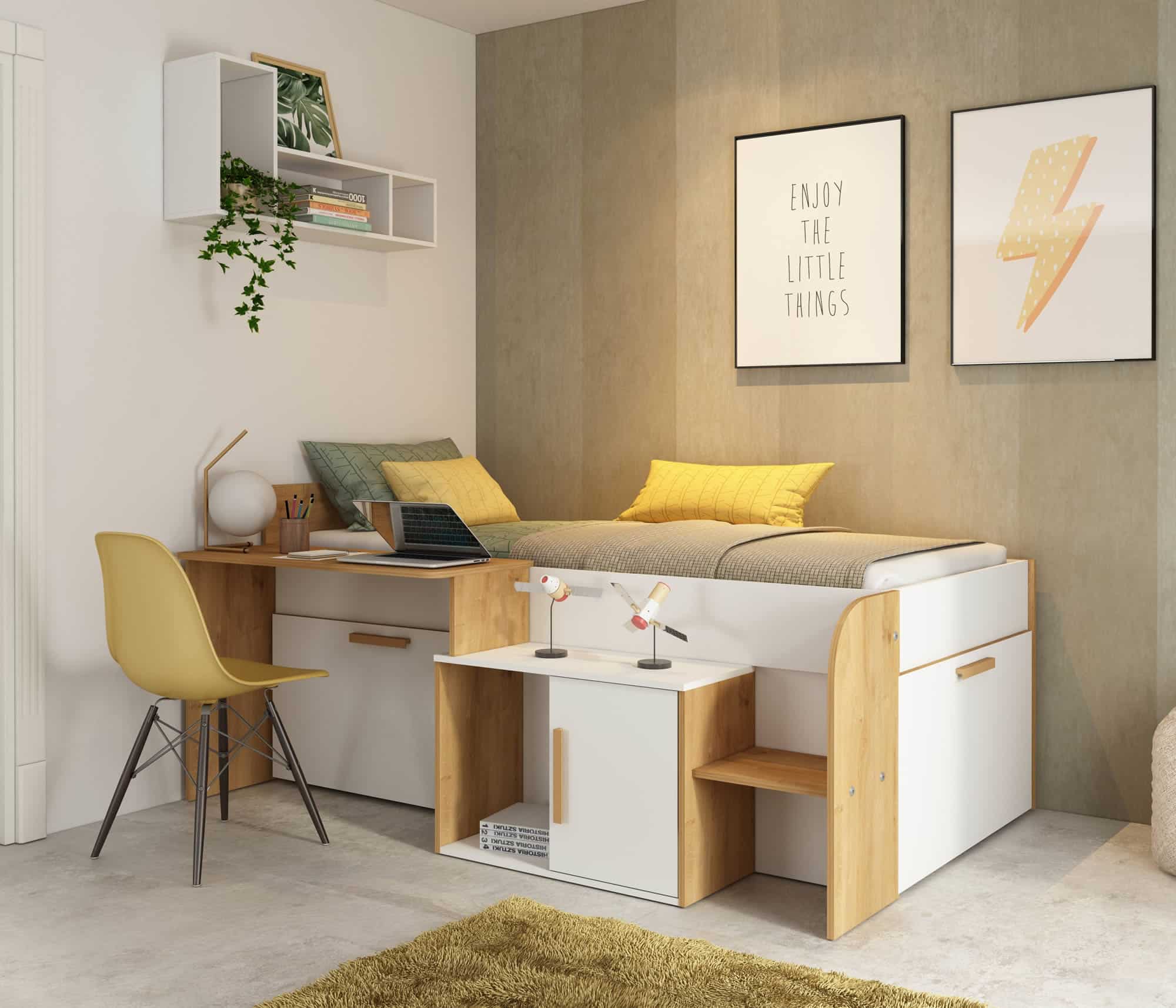 Sacha seng med Vendbart Skrivebord og Oppbevaring 90x200 – Eik/Hvit fra Trasman