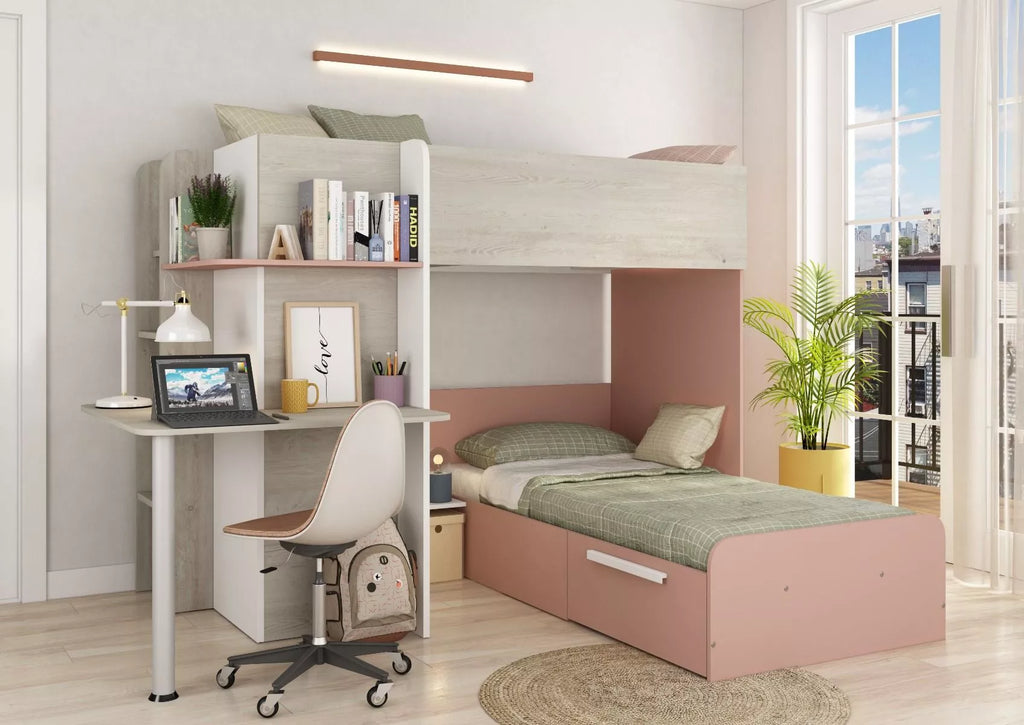 Palatino køyeseng med skrivebord - Antique Pink - 90x190