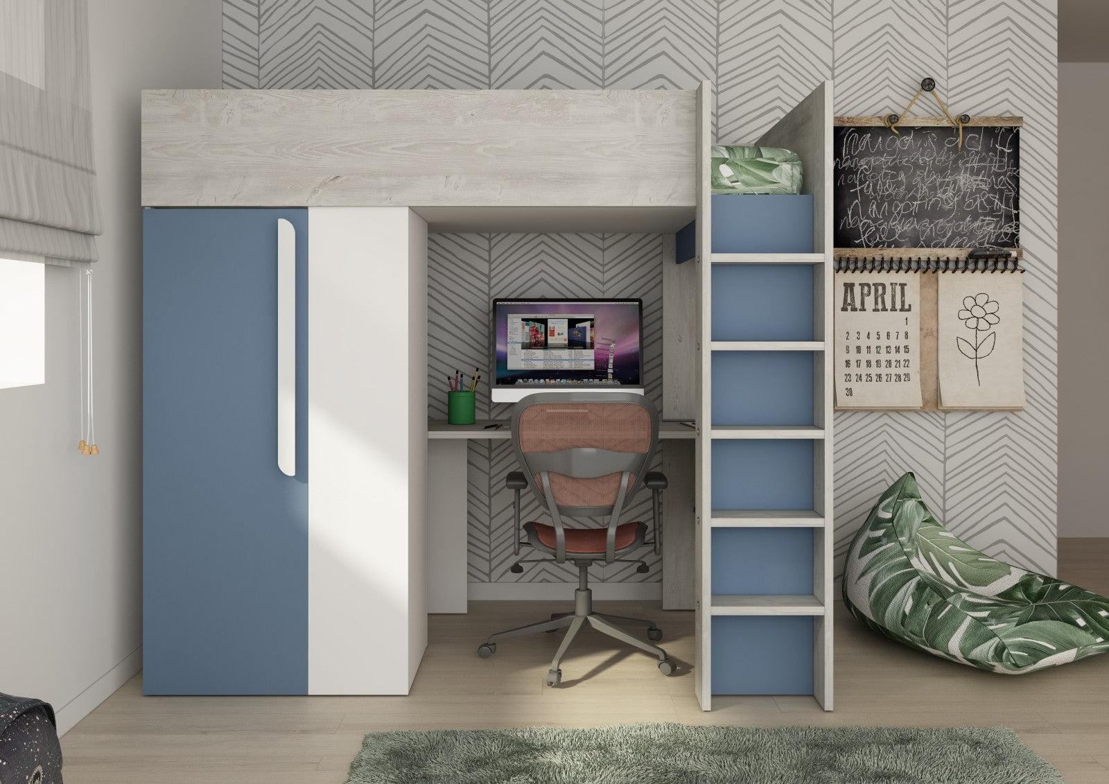 Trasman Studio Loftseng med Garderobe 90x200 - smokey blå