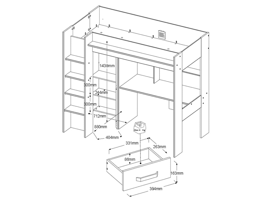 Grayson loftseng med skrivebord og garderobe