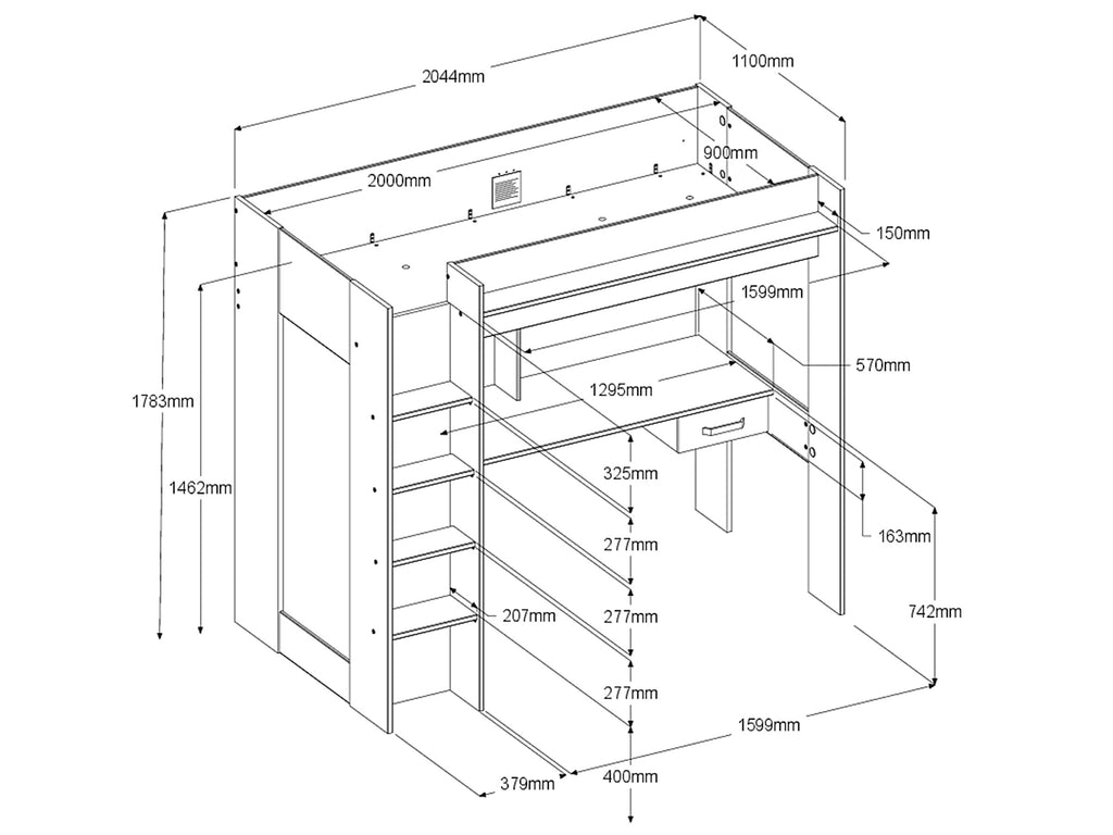 Grayson loftseng med skrivebord og garderobe