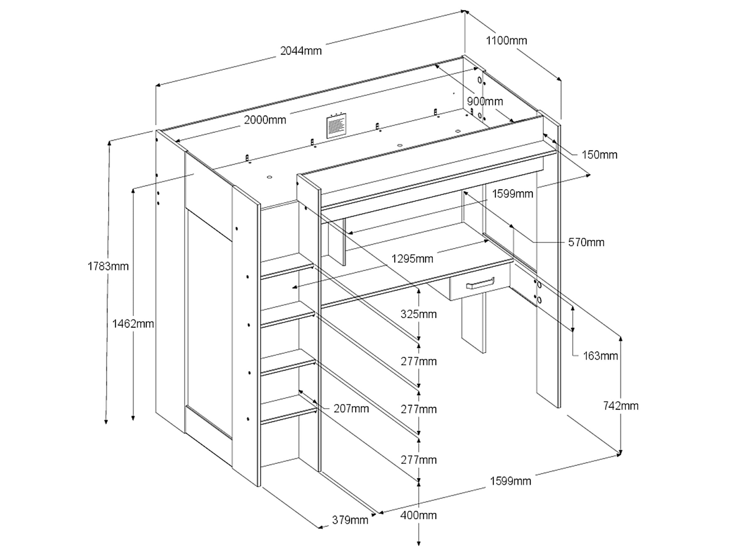 Grayson loftseng med skrivebord og garderobe