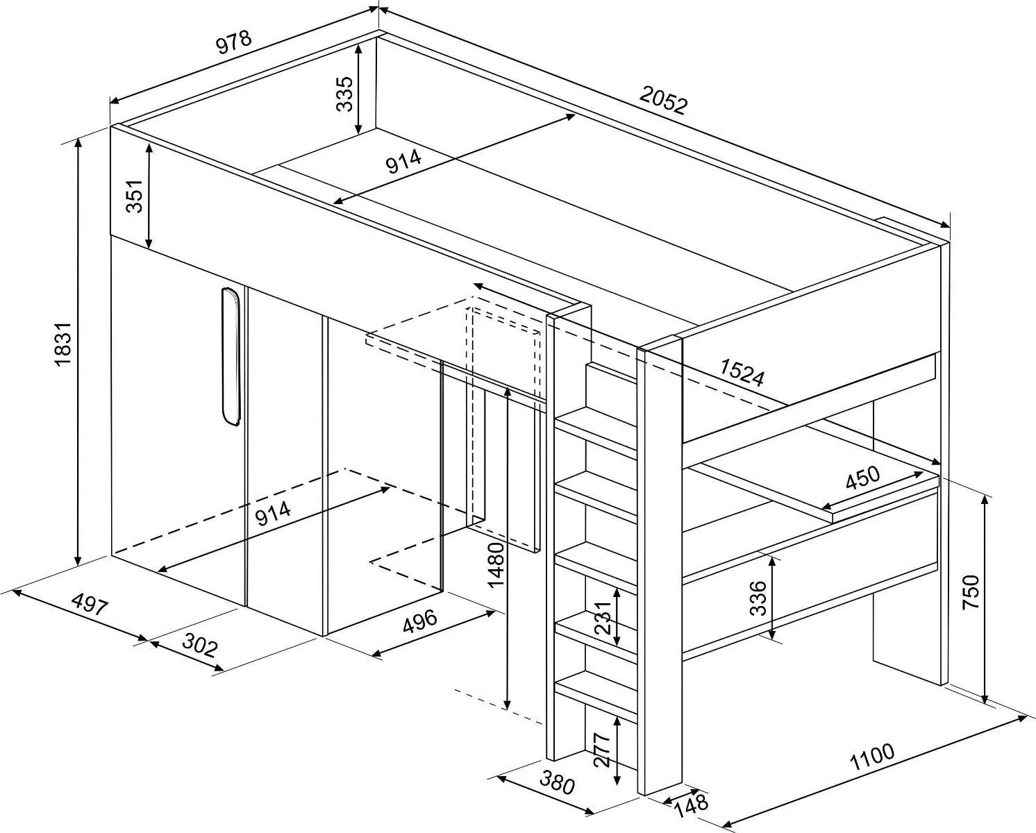 Trasman Studio Loftseng med Garderobe 90x200 - hvit image