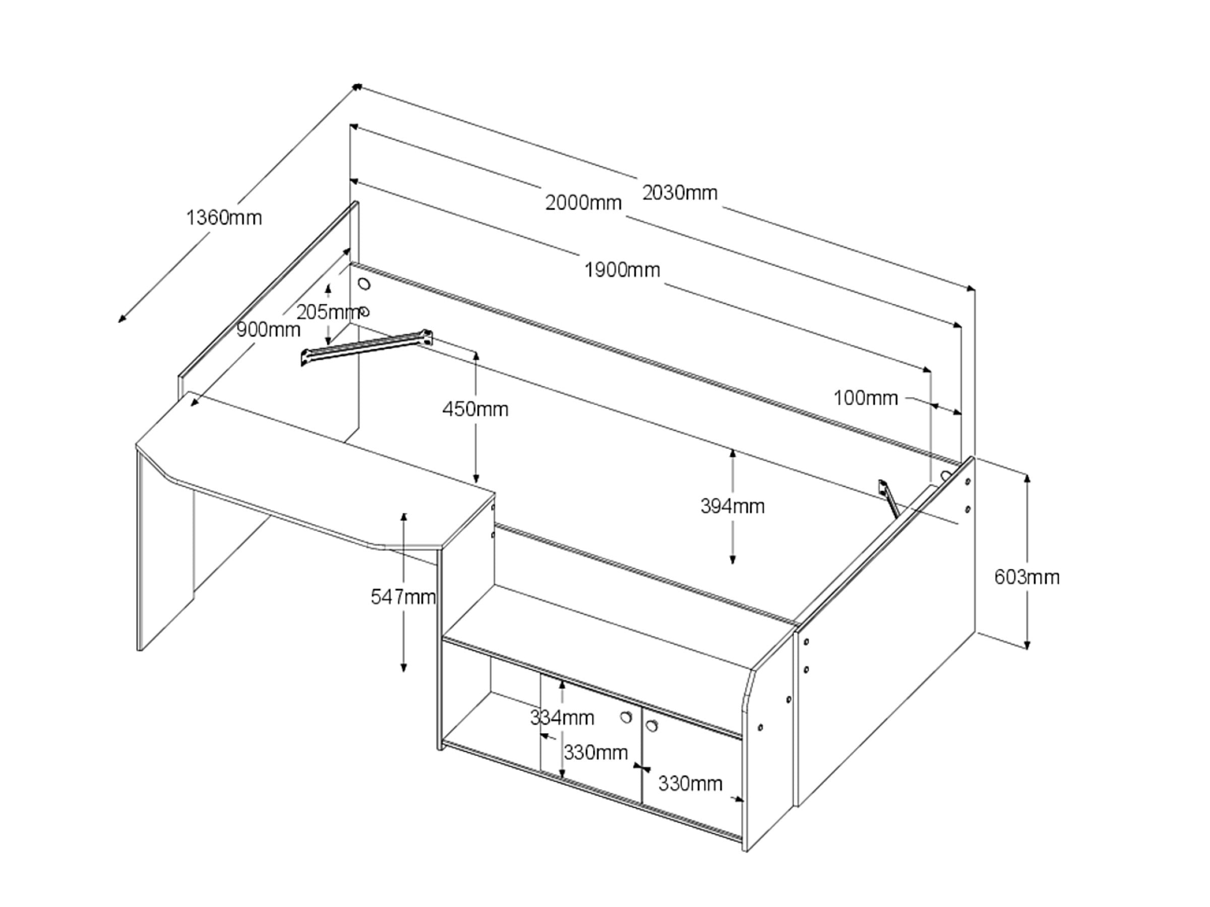 Halvhøy seng med skrivebord 90x200 - JADE