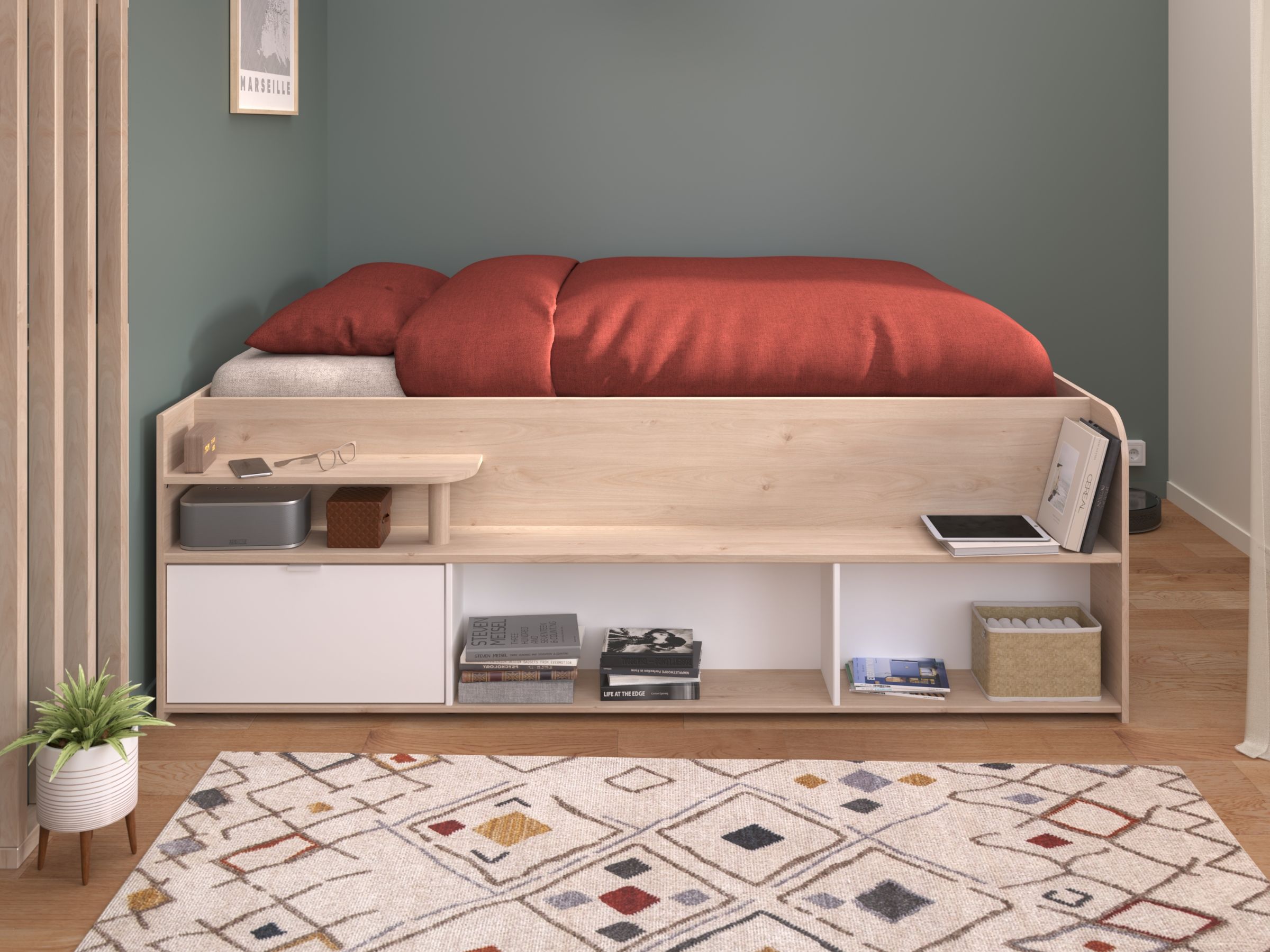 Space-UP 140x200 seng med garderobe og hyller - NATUR image