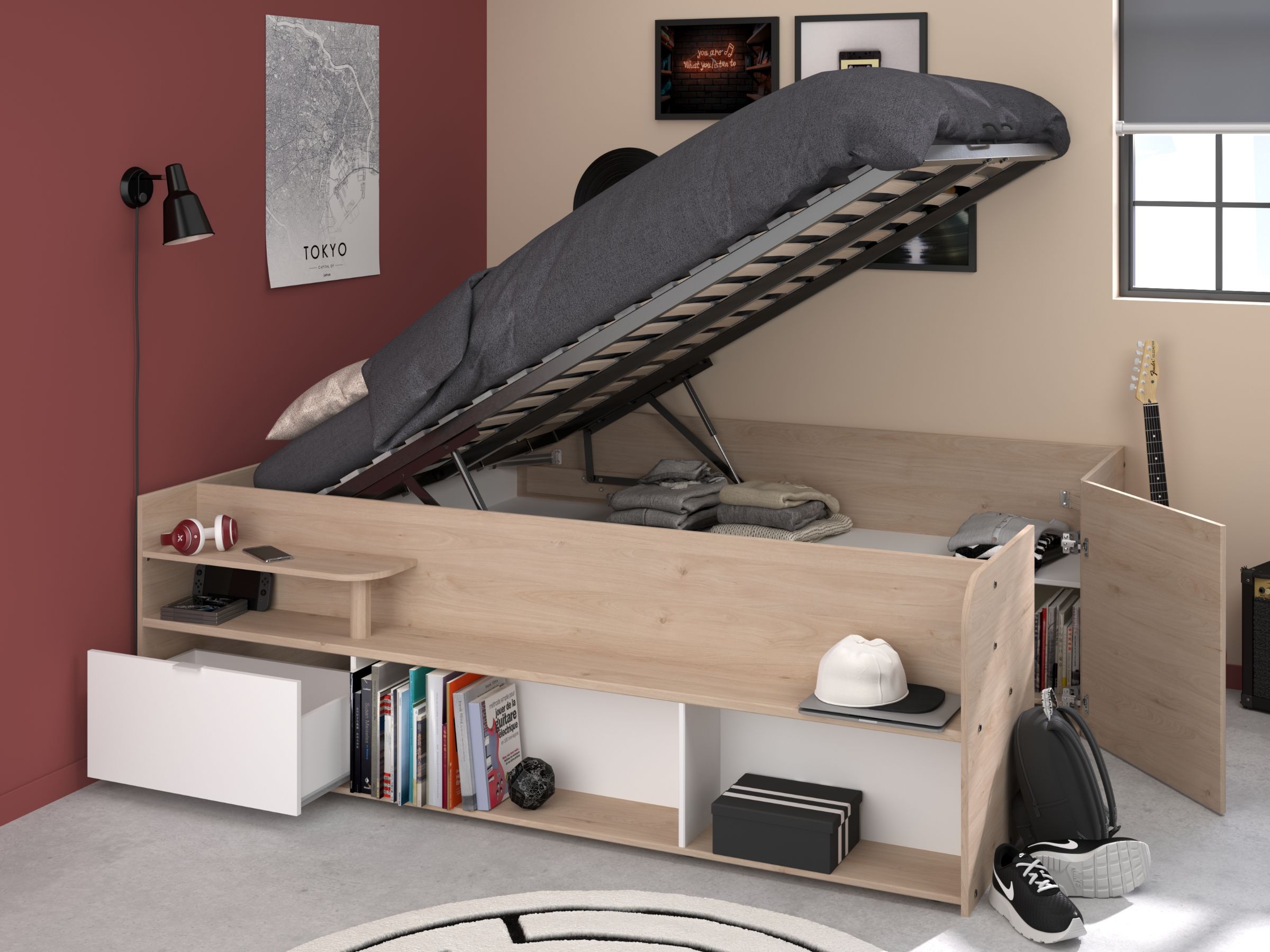 Space-UP 140x200 seng med garderobe og hyller - NATUR image