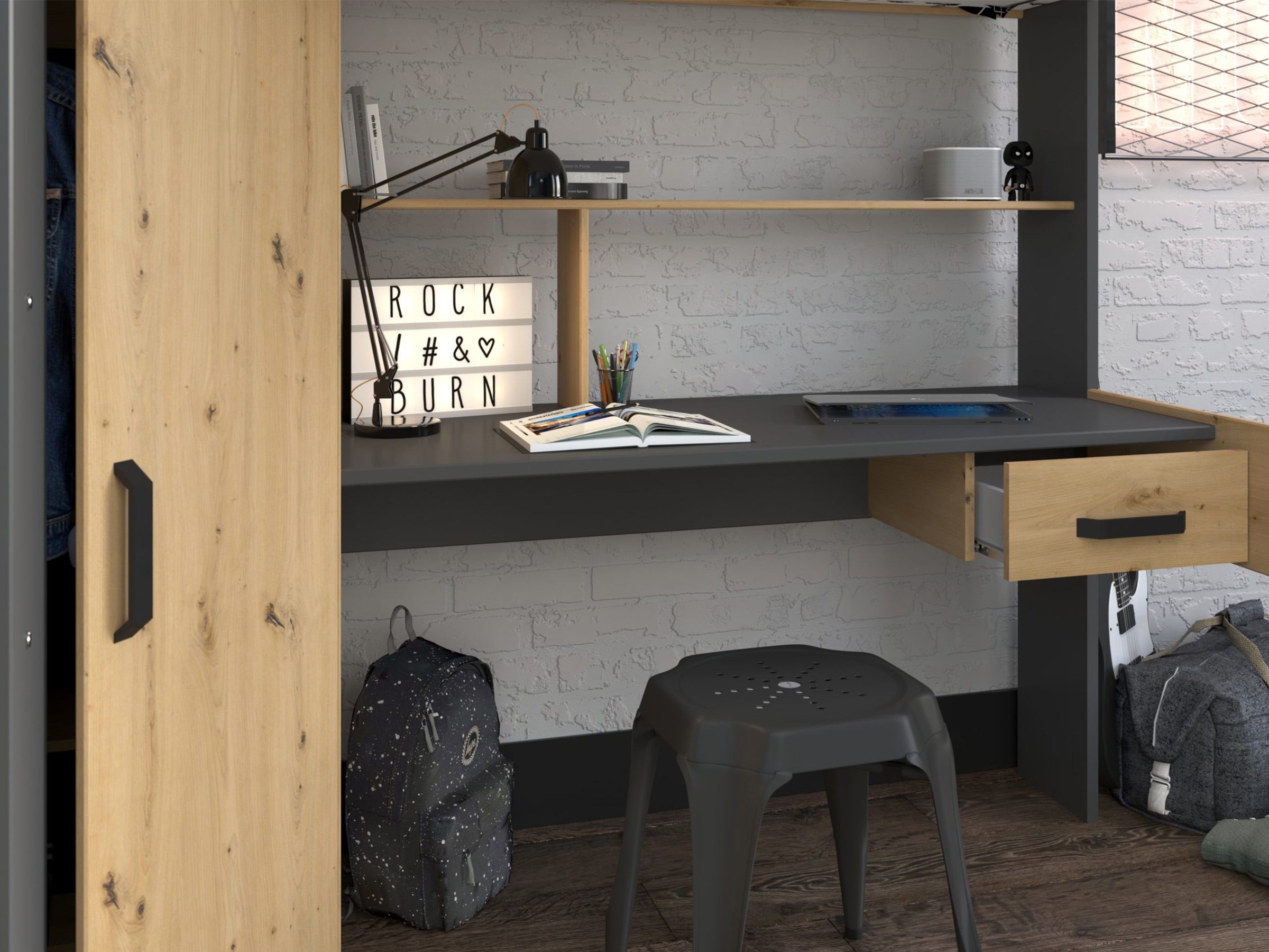 Grayson loftseng med skrivebord og garderobe