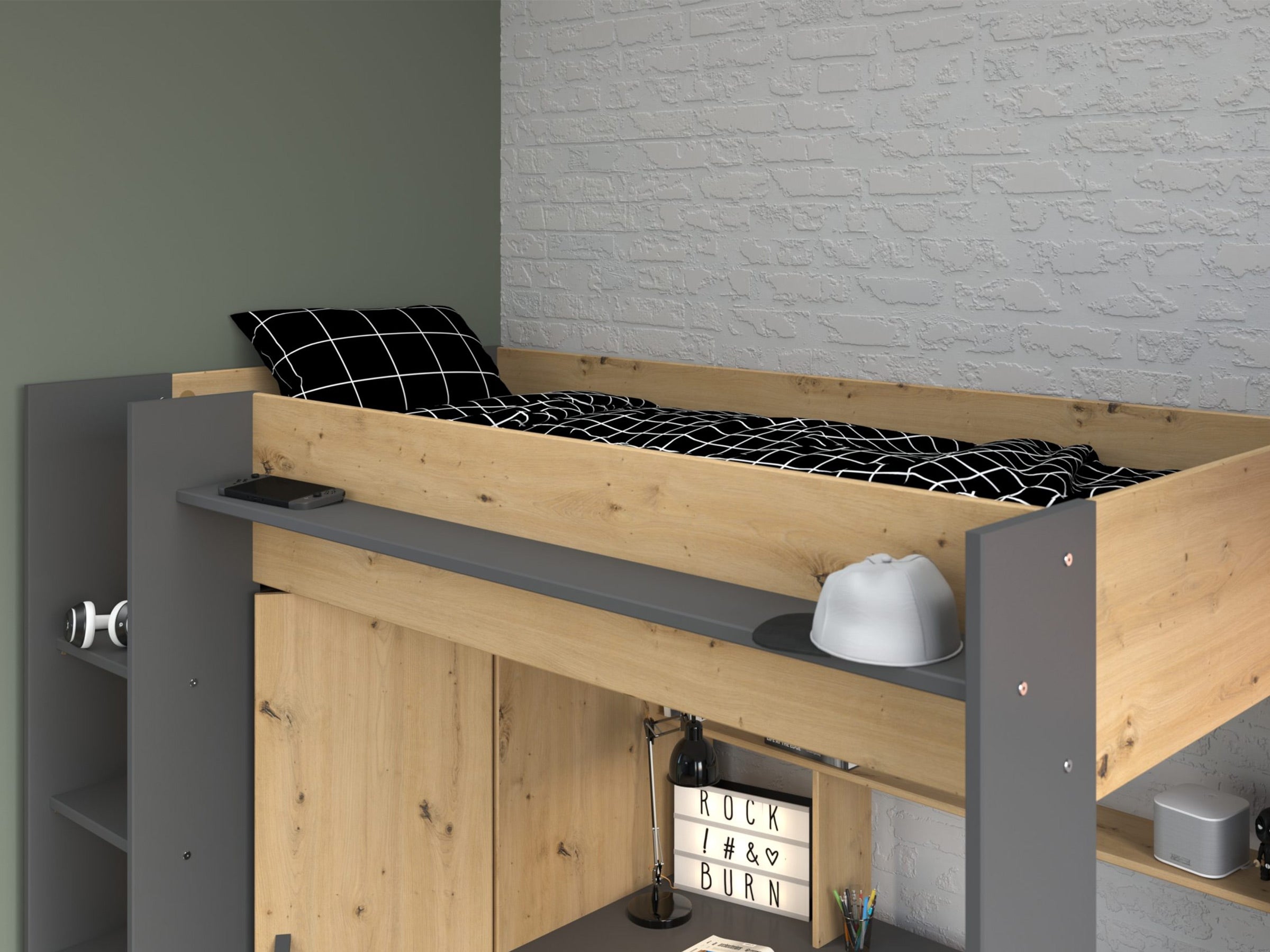 Grayson loftseng med skrivebord og garderobe