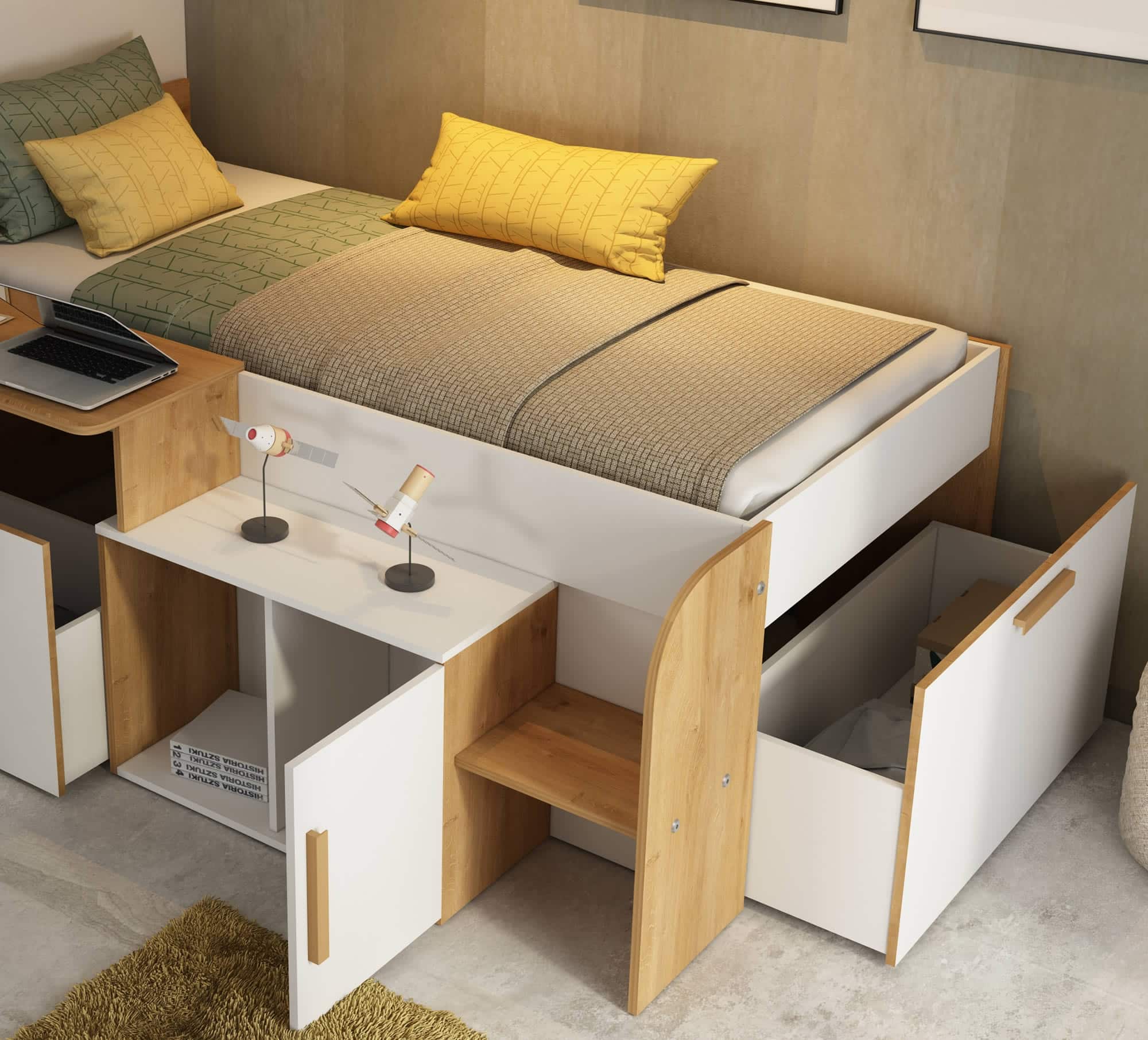 Sacha seng med Vendbart Skrivebord og Oppbevaring 90x200 – Eik/Hvit fra Trasman