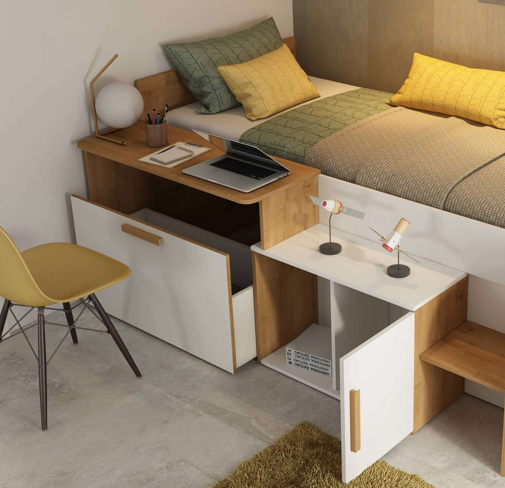 Sacha seng med Vendbart Skrivebord og Oppbevaring 90x200 – Eik/Hvit fra Trasman