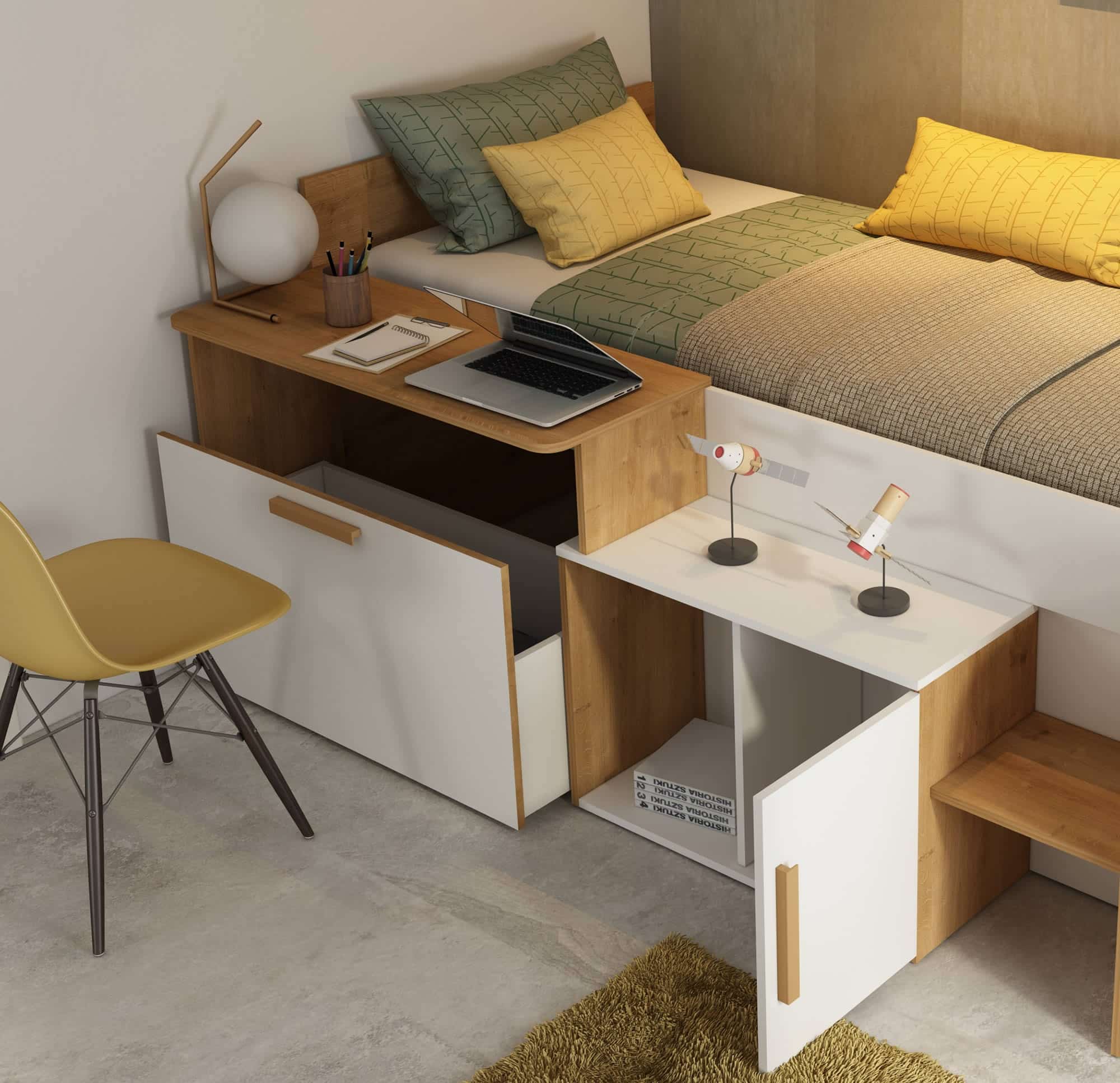 Sacha seng med Vendbart Skrivebord og Oppbevaring 90x200 – Eik/Hvit fra Trasman