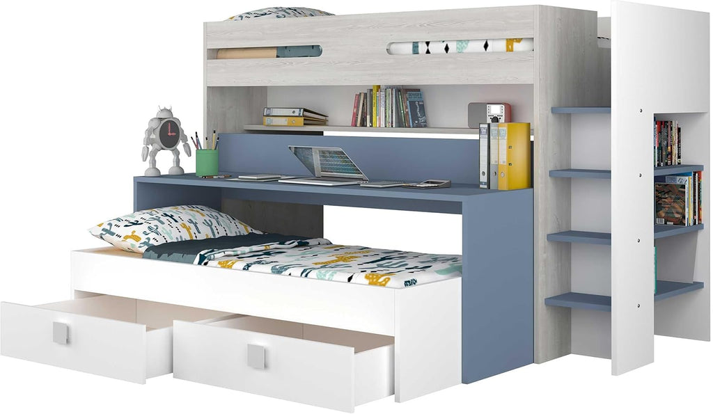 Sindre multifunksjonell loftseng med Skrivebord og Uttrekksseng - Smokey Blue